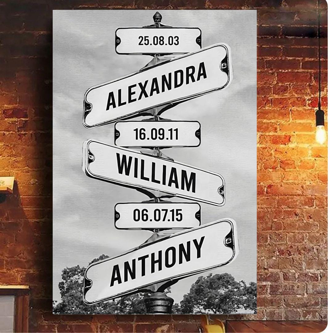 Custom made family street sign posts | Names and dates personalised. Vintage Wall Art Printed Canvas or Poster Print. Mum birthday gift