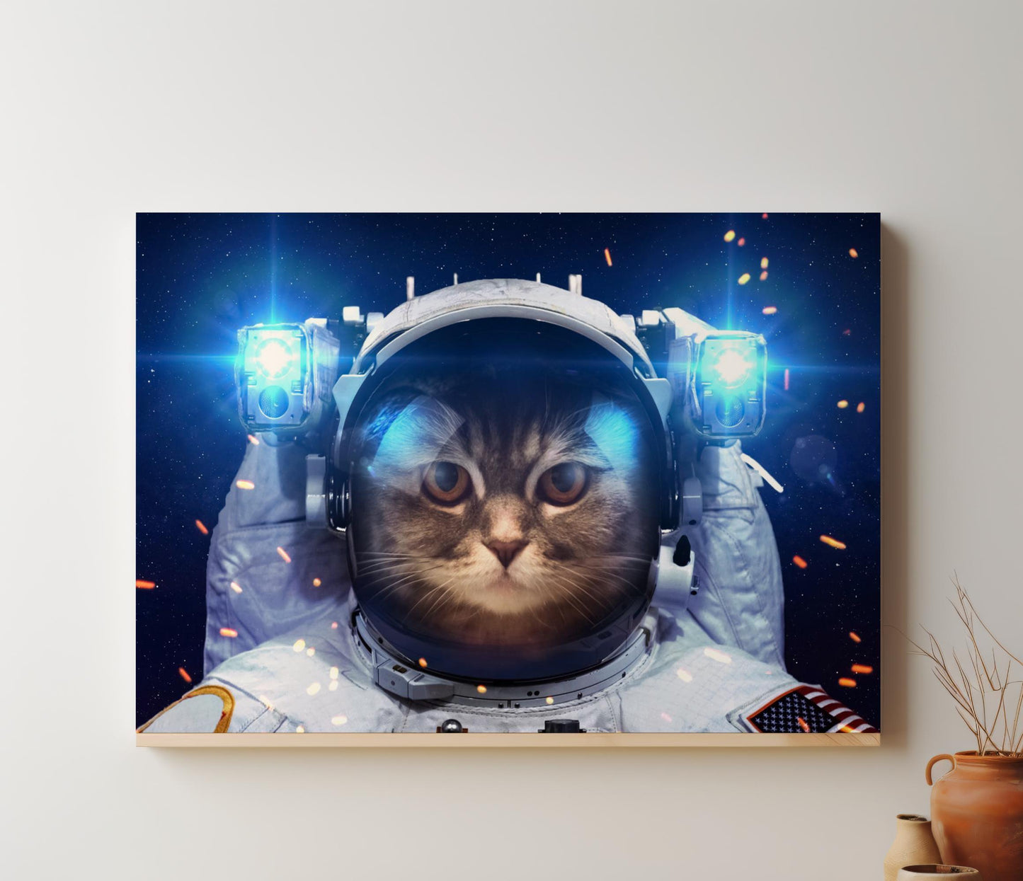 Cat in Space Canvas Wall Art or poster print. Tabby astronaut, comical quirky spacesuit print. Student room, cat lover, sci-fi gift.