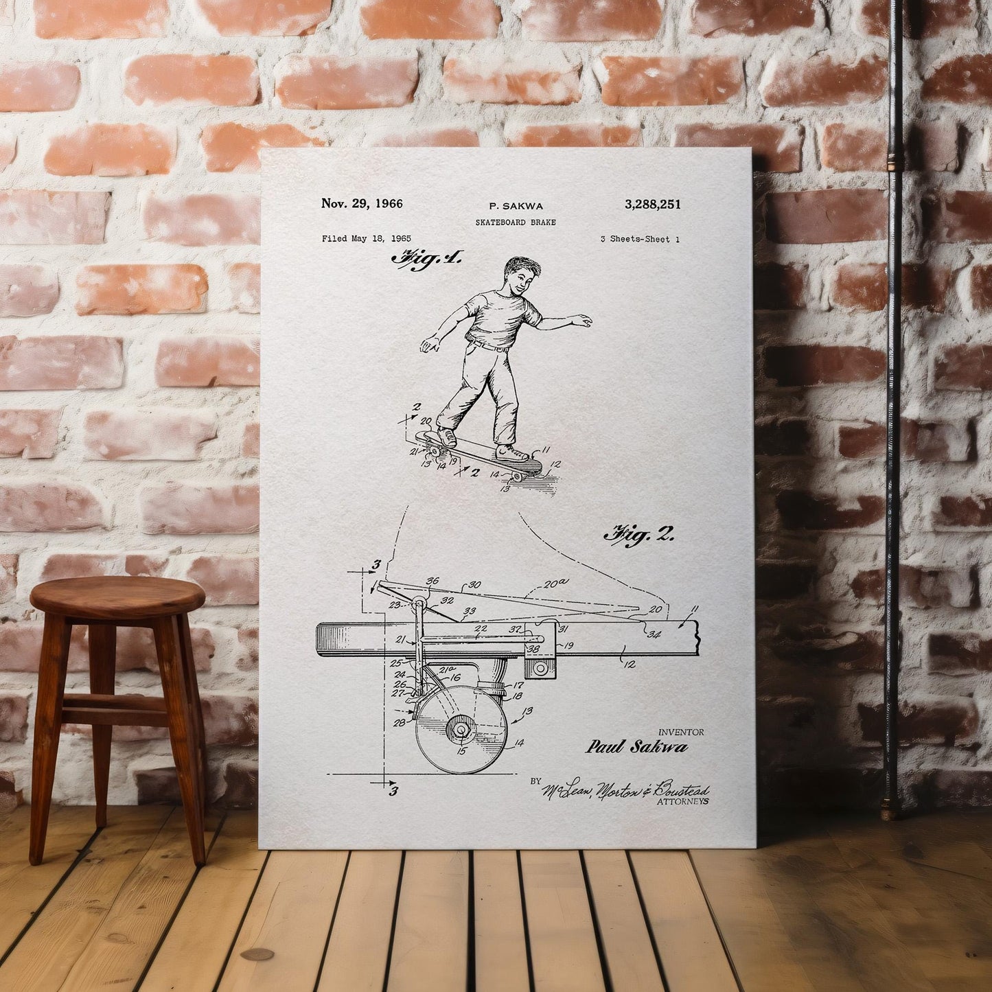 vintage skateboard wall art based on the patent blueprint art application of 1965
