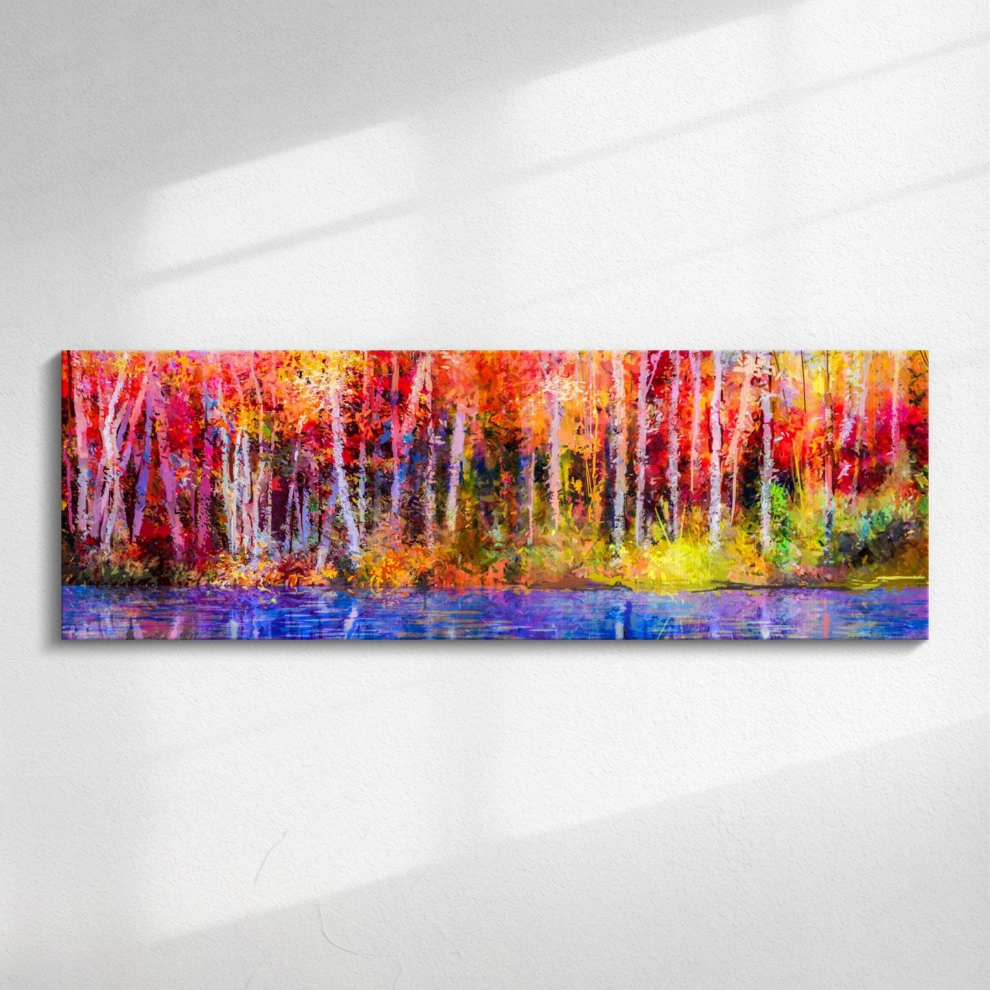 Colourful vibrant abstract forest panoramic canvas wall art in three sizes – slim, wide, and statement formats displayed on wall
