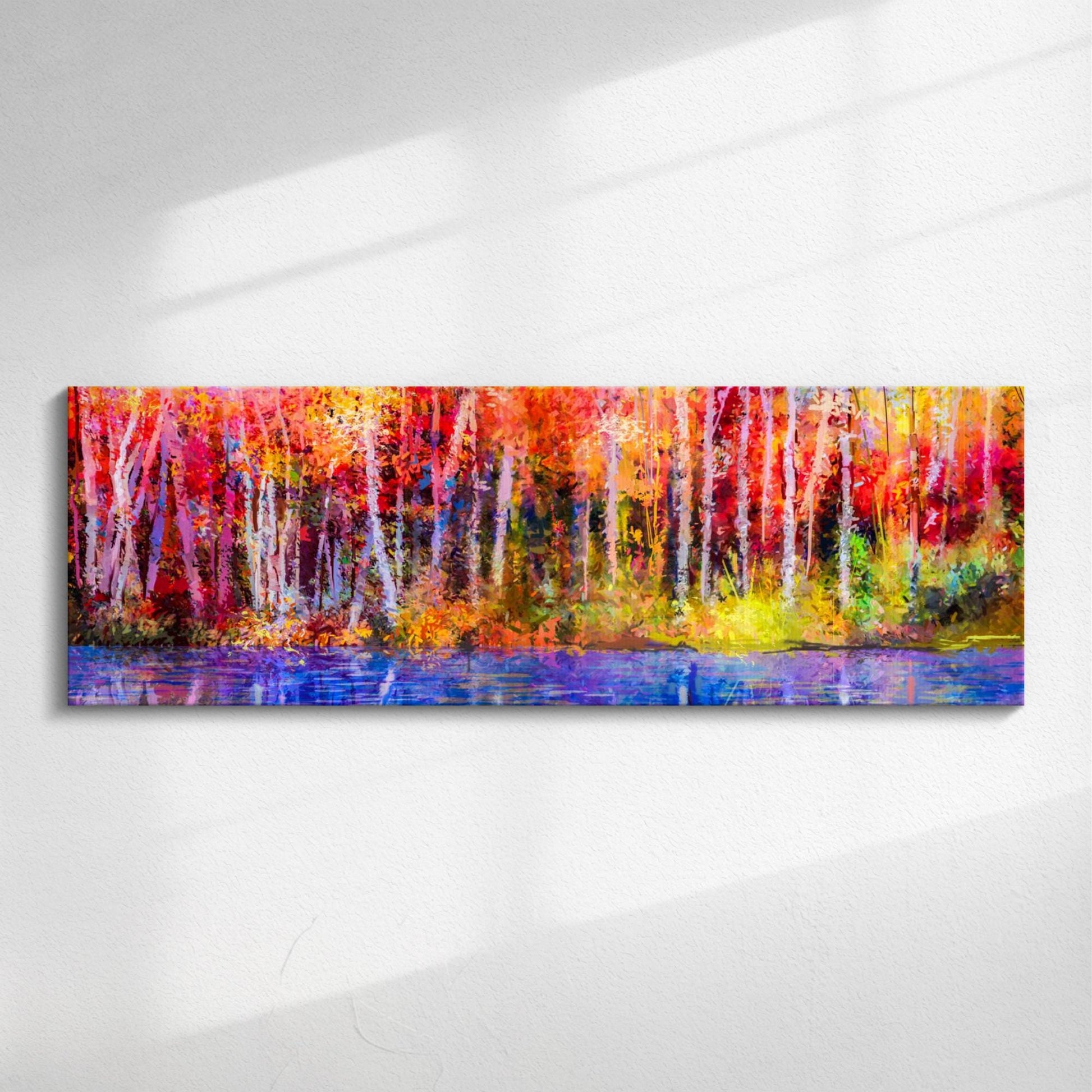 Colourful vibrant abstract forest panoramic canvas wall art in three sizes – slim, wide, and statement formats displayed on wall