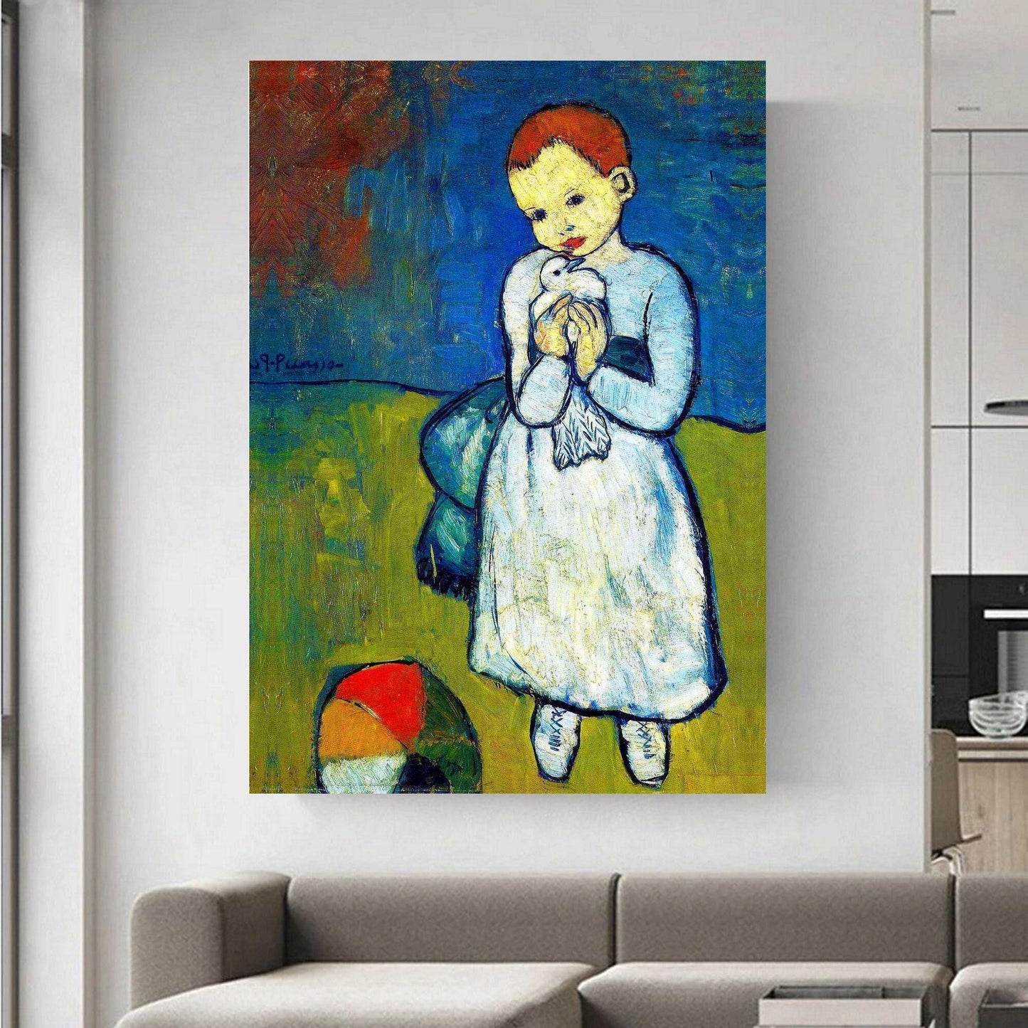 Child with a Dove canvas print – Pablo Picasso iconic Blue Period artwork featuring a young child holding a white dove, symbolising peace and innocence. Ideal for adding a touch of classic art to your home decor or gallery wall