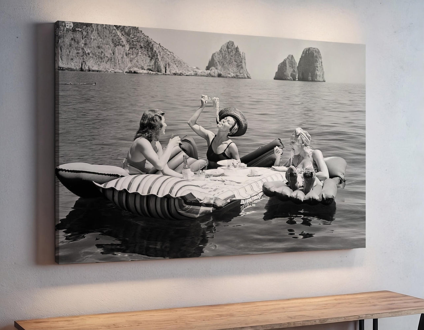 Three Women Eating Pasta On Water, Eating Spaghetti on Lake Canvas Wallart or Art Print, Vintage Wall Art, Decadent Picnic On Water Poster