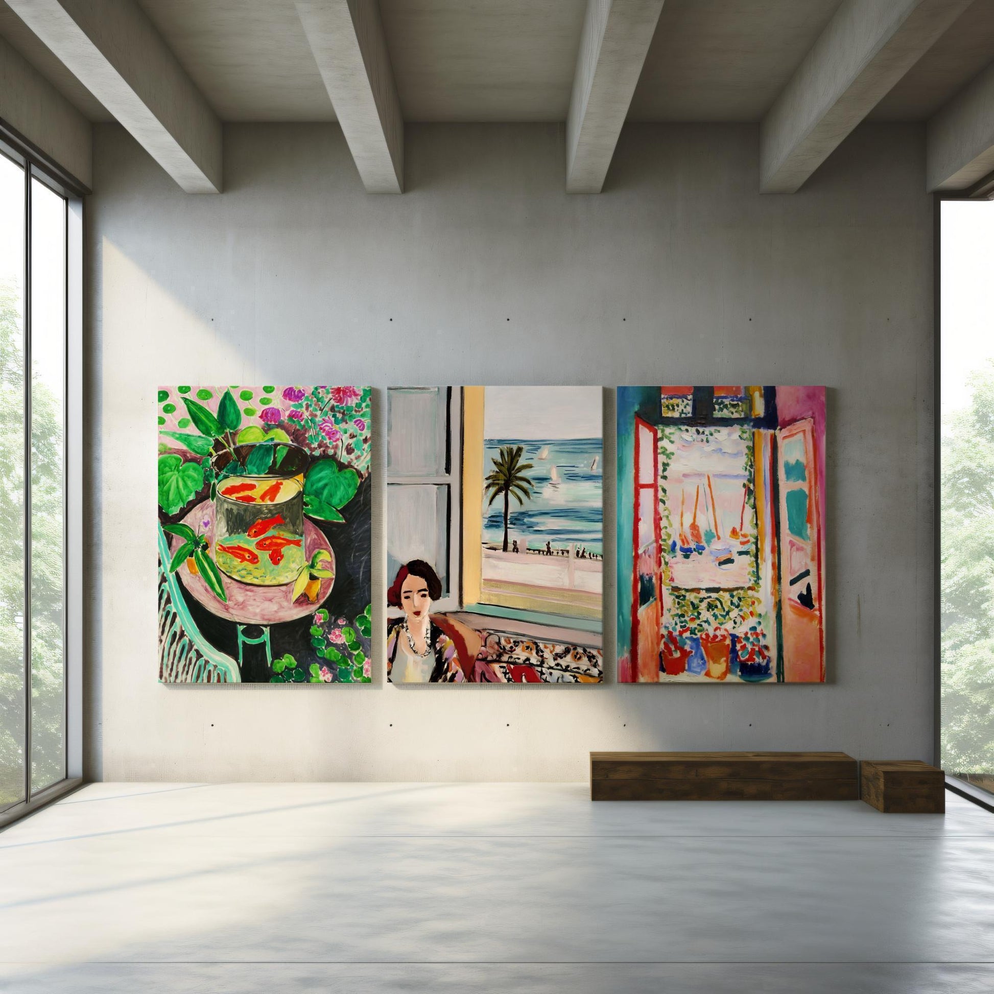 Matisse triptych wall art featuring ‘Goldfish,’ ‘Femme Assise,’ and ‘Open Window.’ Vibrant Fauvist prints with bold colours and expressive brushstrokes, perfect for modern interiors. Artistic canvas set inspired by Henri Matisse’s masterpieces, ideal for home décor, gallery walls, and art lovers. Stylish fine art prints celebrating iconic 20th-century painting, bringing creativity and colour to any space.