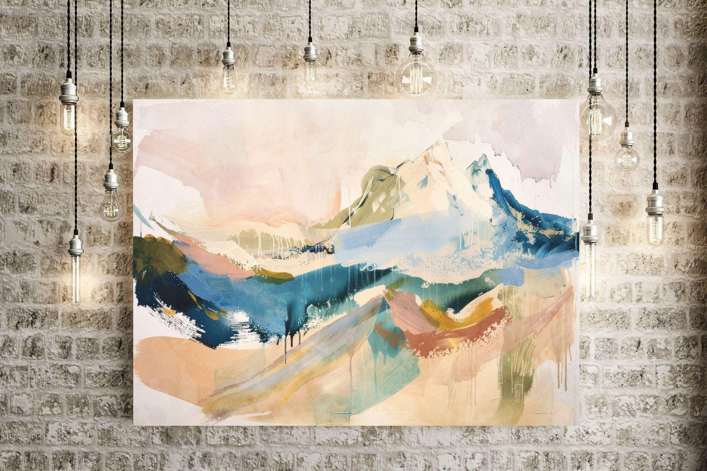 Abstract Mountain Canvas Wall Art or poster print. Vibrant watercolour contemporary mountain painting printed. Large abstract picture.