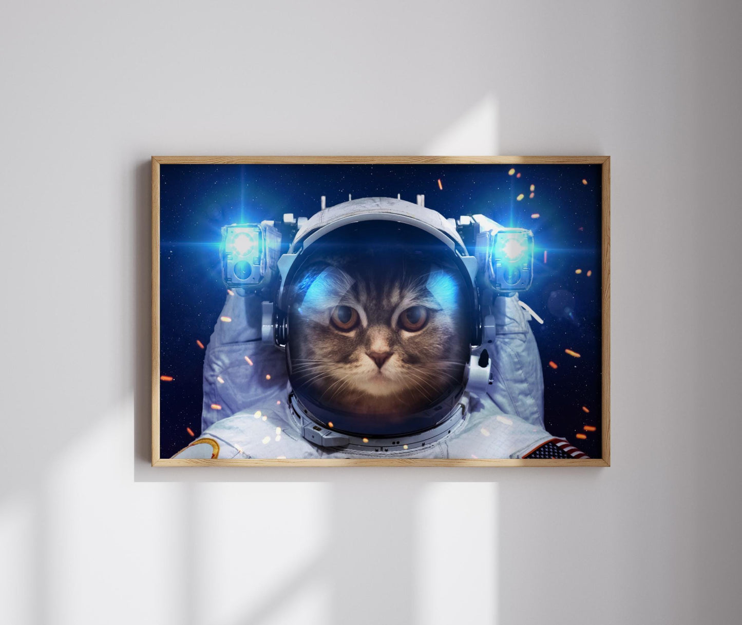 Cat in Space Canvas Wall Art or poster print. Tabby astronaut, comical quirky spacesuit print. Student room, cat lover, sci-fi gift.