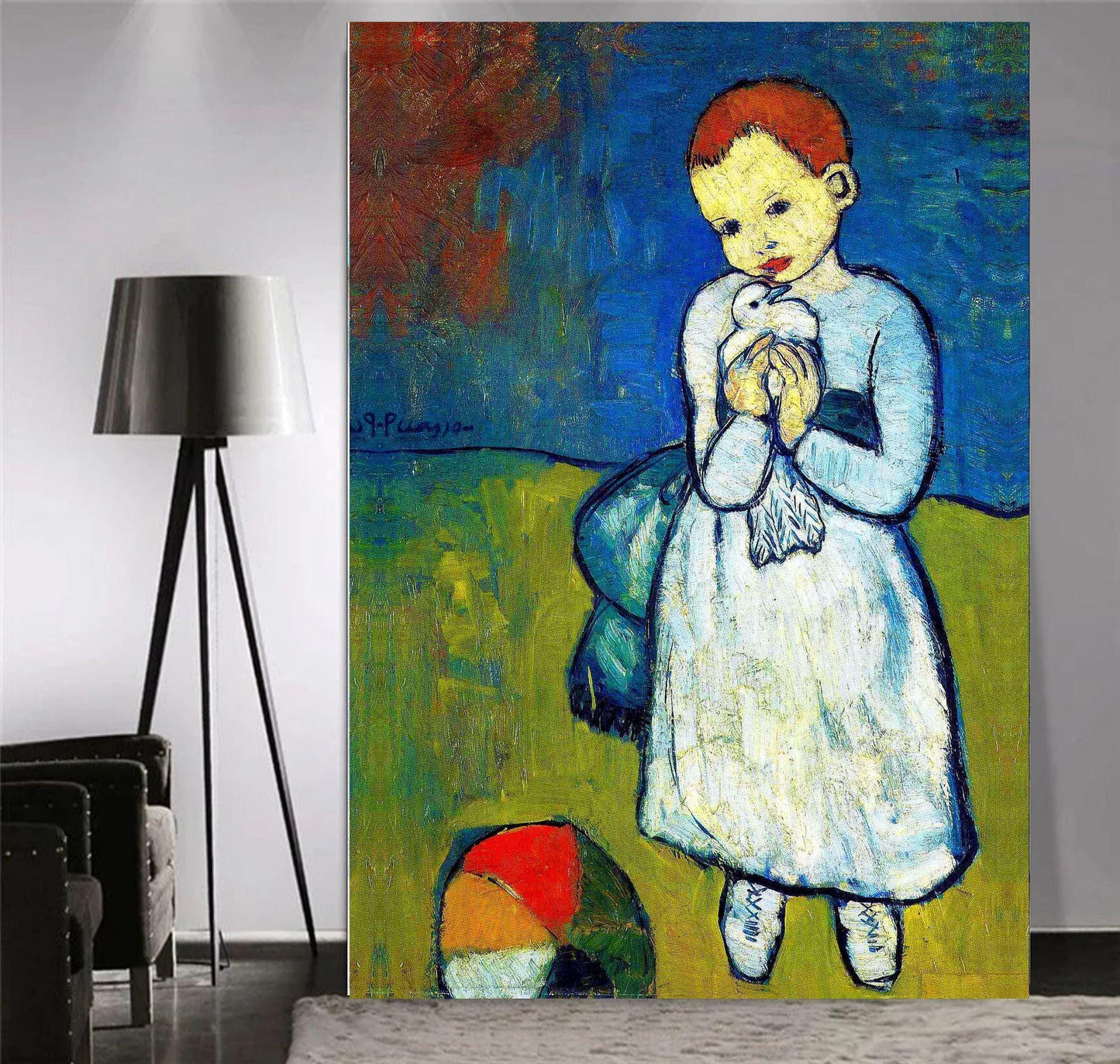 Child with a Dove canvas print – Pablo Picasso's iconic Blue Period artwork featuring a young child holding a white dove, symbolising peace and innocence. Ideal for adding a touch of classic art to your home decor or gallery wall