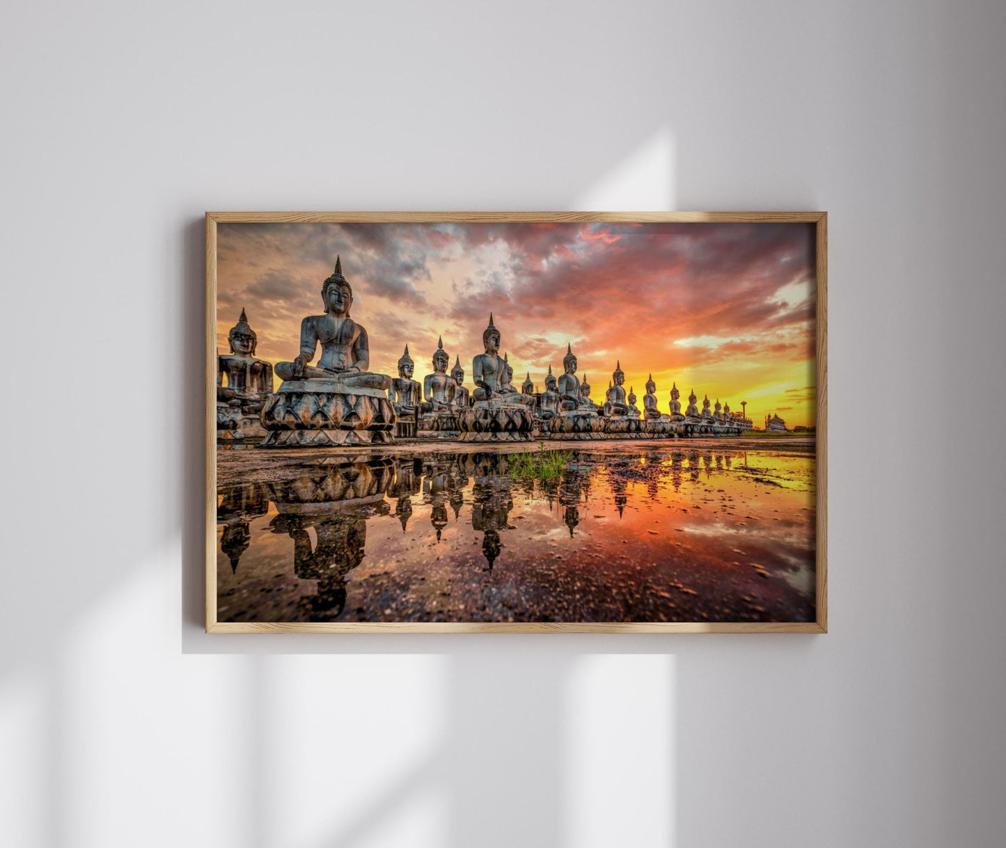 Buddhas at Sunset canvas wall art or poster print. Stunning artwork canvasses or art printed. Buddhist meditation illustration photograph