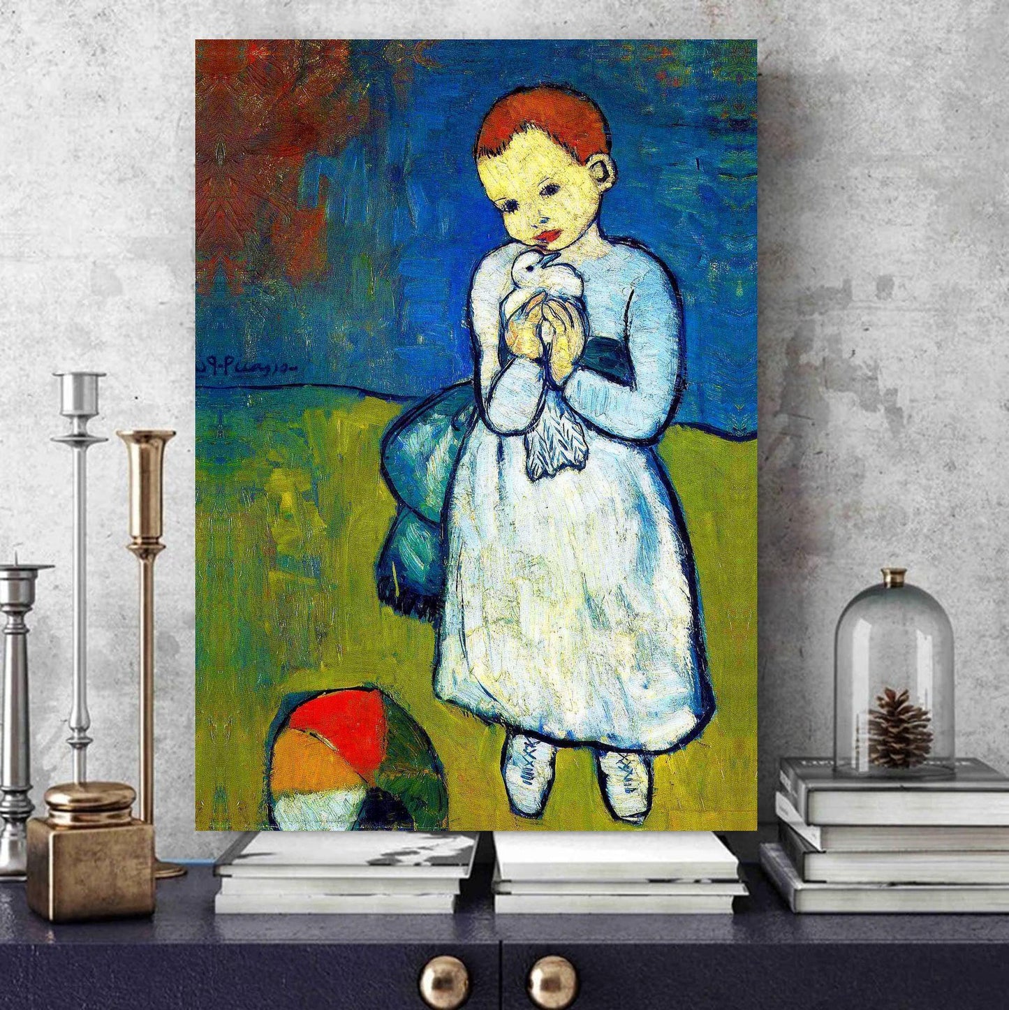 Child with a Dove canvas print – Pablo Picasso's iconic Blue Period artwork featuring a young child holding a white dove, symbolising peace and innocence. Ideal for adding a touch of classic art to your home decor or gallery wall