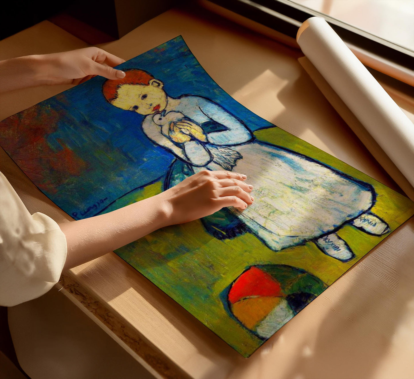 Child with a Dove canvas print – Pablo Picasso iconic Blue Period artwork featuring a young child holding a white dove, symbolising peace and innocence. Ideal for adding a touch of classic art to your home decor or gallery wall