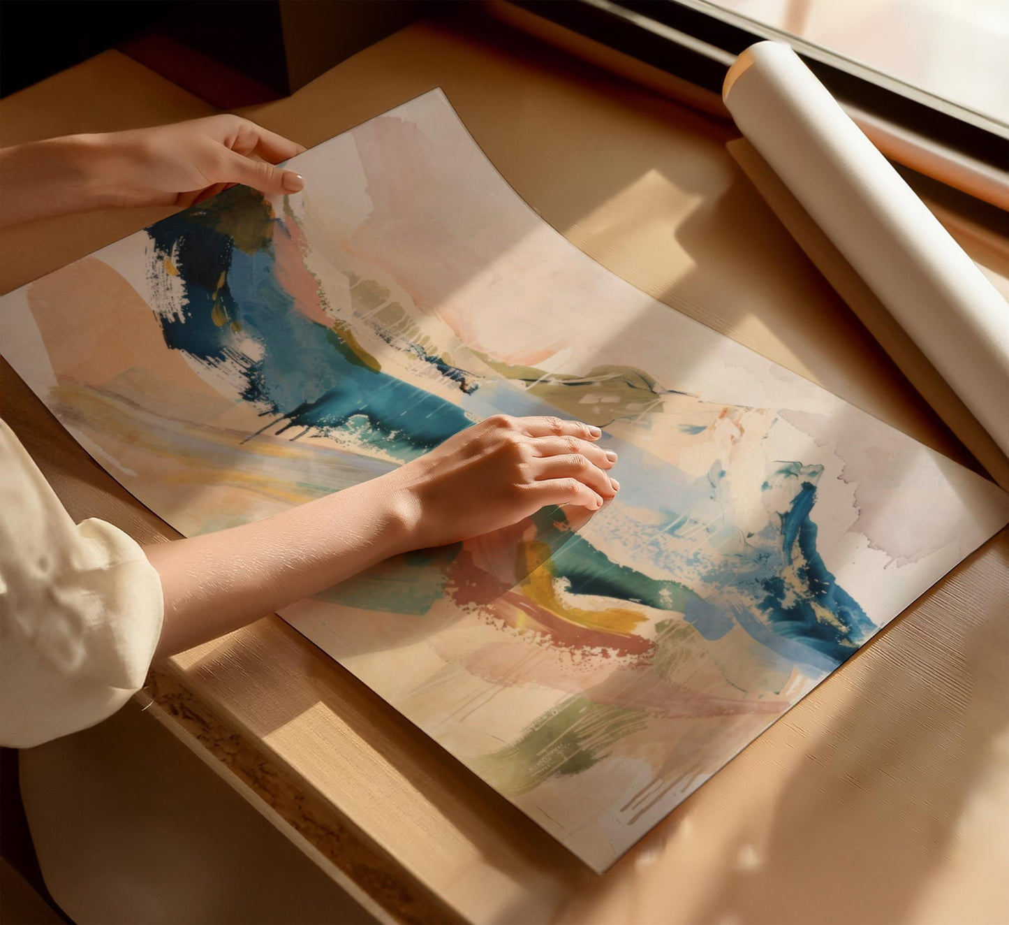 Abstract Mountain Canvas Wall Art or poster print. Vibrant watercolour contemporary mountain painting printed. Large abstract picture.