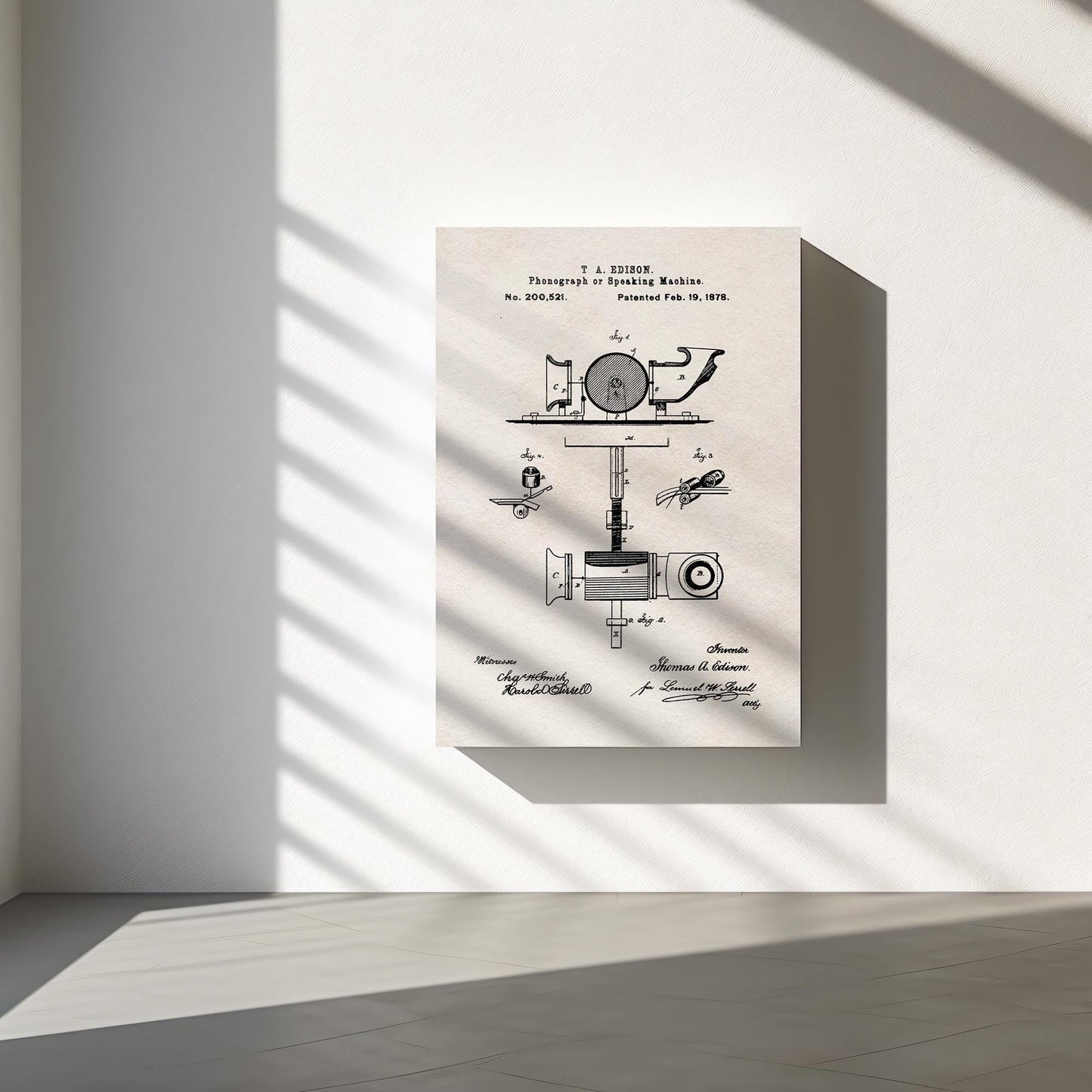 Art print of "speaking machine" patent application from 1878. Vintage tech Art Print or Canvas Wall Art. Father's Day Gift, Office Decor, Design Studio Artwork