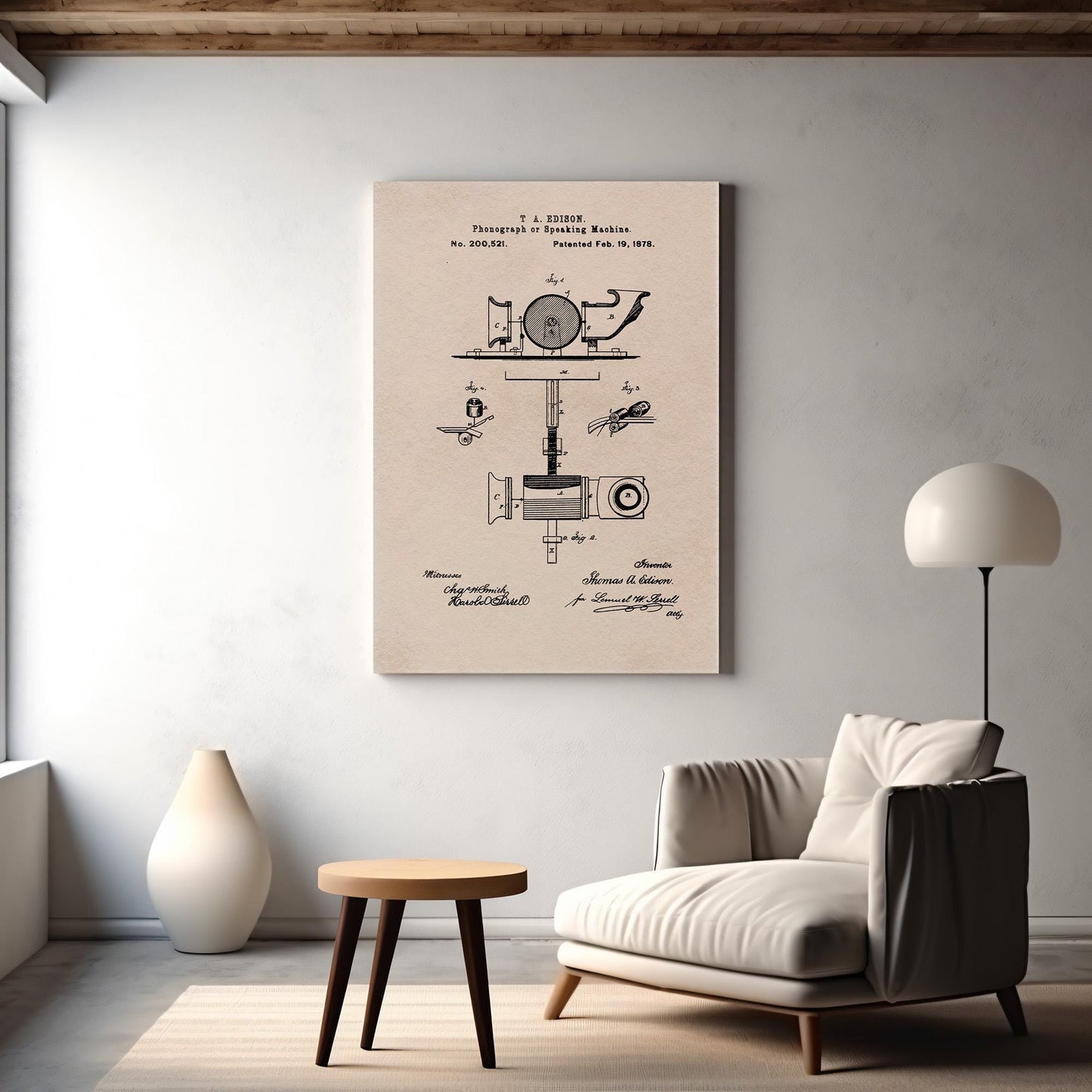 Art print of "speaking machine" patent application from 1878. Vintage tech Art Print or Canvas Wall Art. Father's Day Gift, Office Decor, Design Studio Artwork
