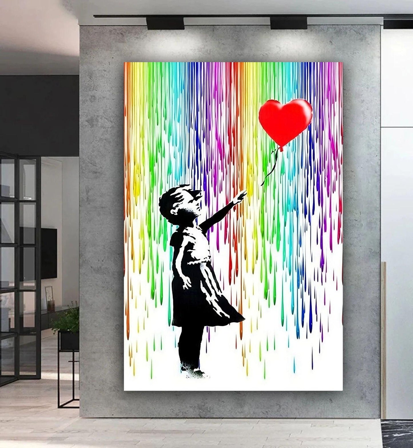 Girl with Balloon Rainbow Rain