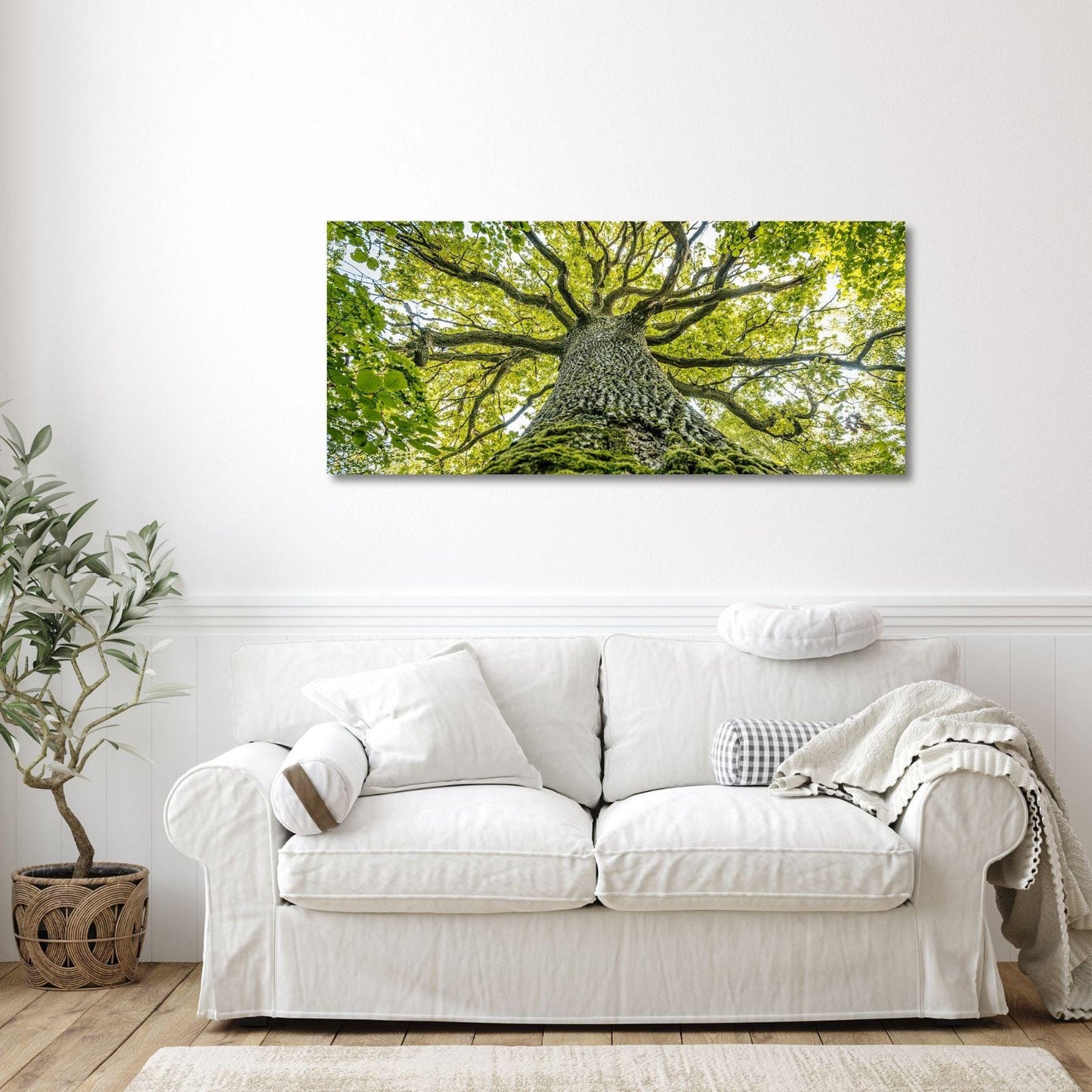 a white couch sitting in a living room under a tree
