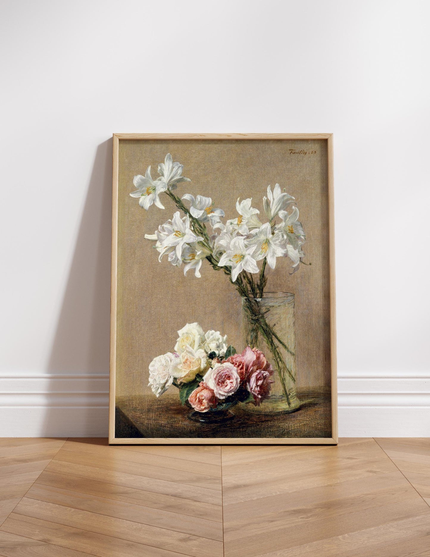 Vintage roses lilies flowers canvas wall art or poster print for Mother's Day gift. Mum bedroom picture, present for Mom. Victorian painting