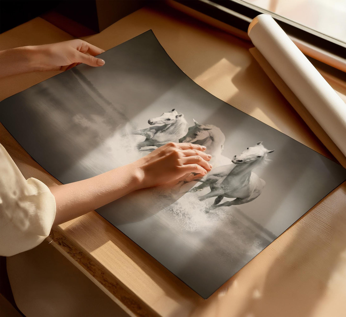 White Horses Galloping Canvas or Art Print - Elegant Black and white photo Wall Art - Horses in the Sea Canvas - Monochrome Painting Poster