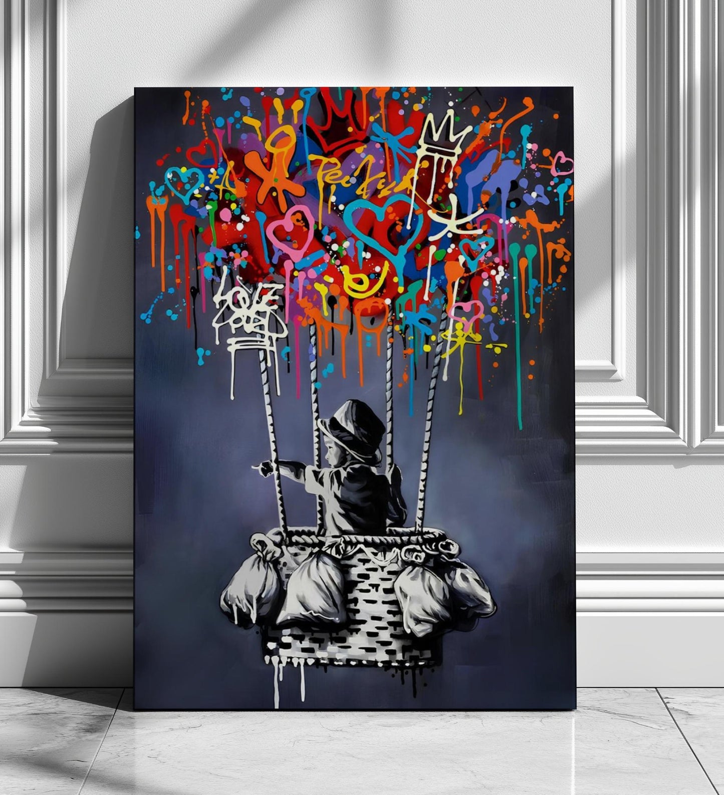 Set of two Banksy-style graffiti prints featuring a girl with a balloon and a boy in a hot air balloon. Vibrant street art with bold colours, perfect for modern interiors and contemporary wall decor. Large framed canvases ideal for home decoration, blending nostalgia with an urban, artistic twist. A striking choice for lovers of graffiti prints and vibrant paintings.