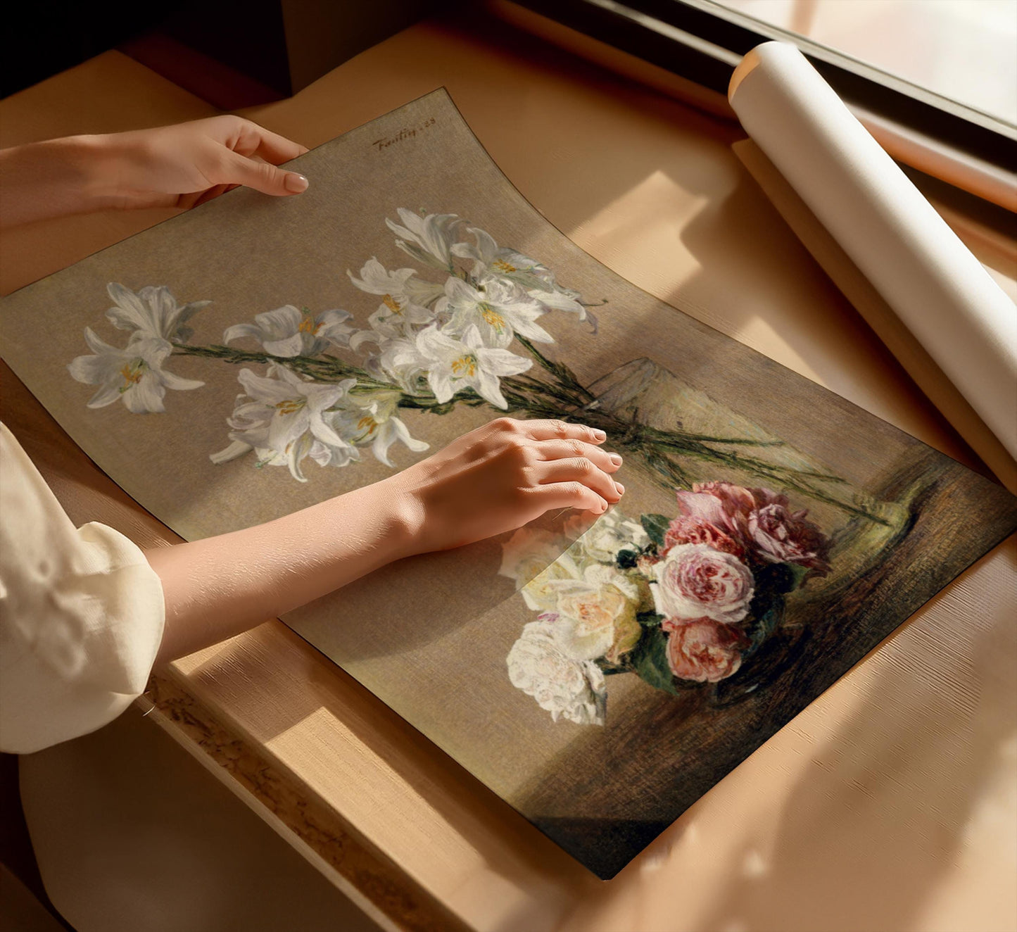 Vintage roses lilies flowers canvas wall art or poster print for Mother's Day gift. Mum bedroom picture, present for Mom. Victorian painting