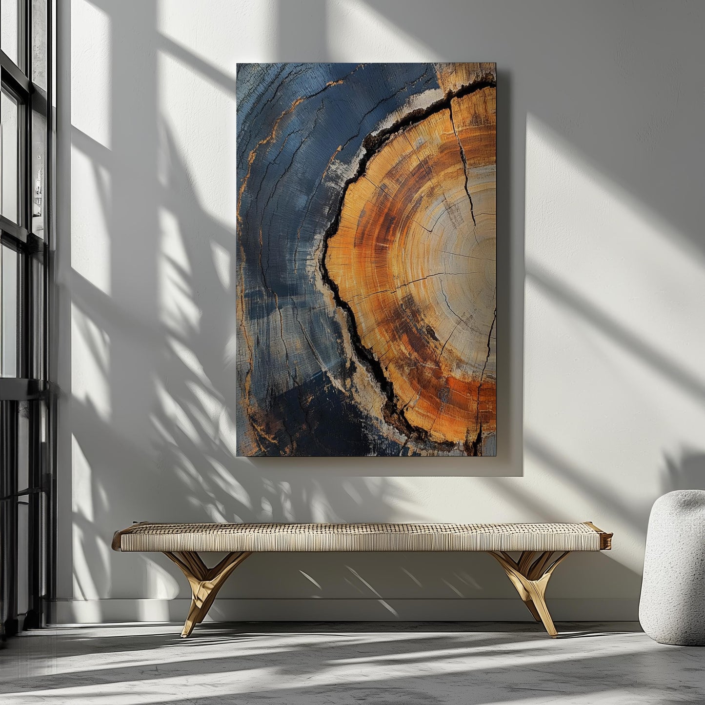 Tree ring canvas wall art with rich amber, charcoal, and natural wood tones. This abstract forest stump canvas adds warmth to neutral decor, perfect for minimalist home decoration, gallery walls, and museum-quality large prints