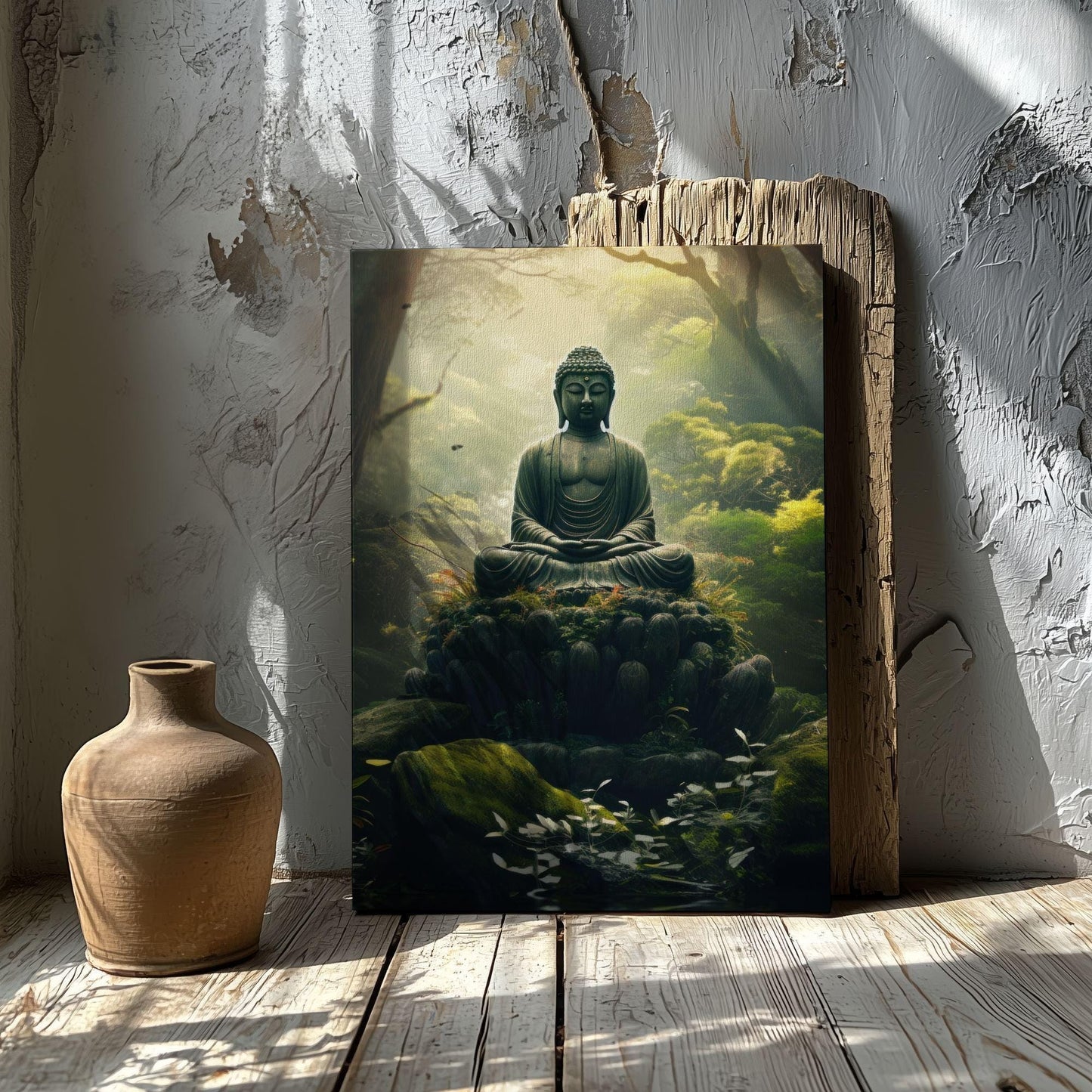 Buddha green spiritual Buddhism image. Tranquil meditation wall Art canvas or poster print for home decor. Forest meditation, mindfulness outdoors.