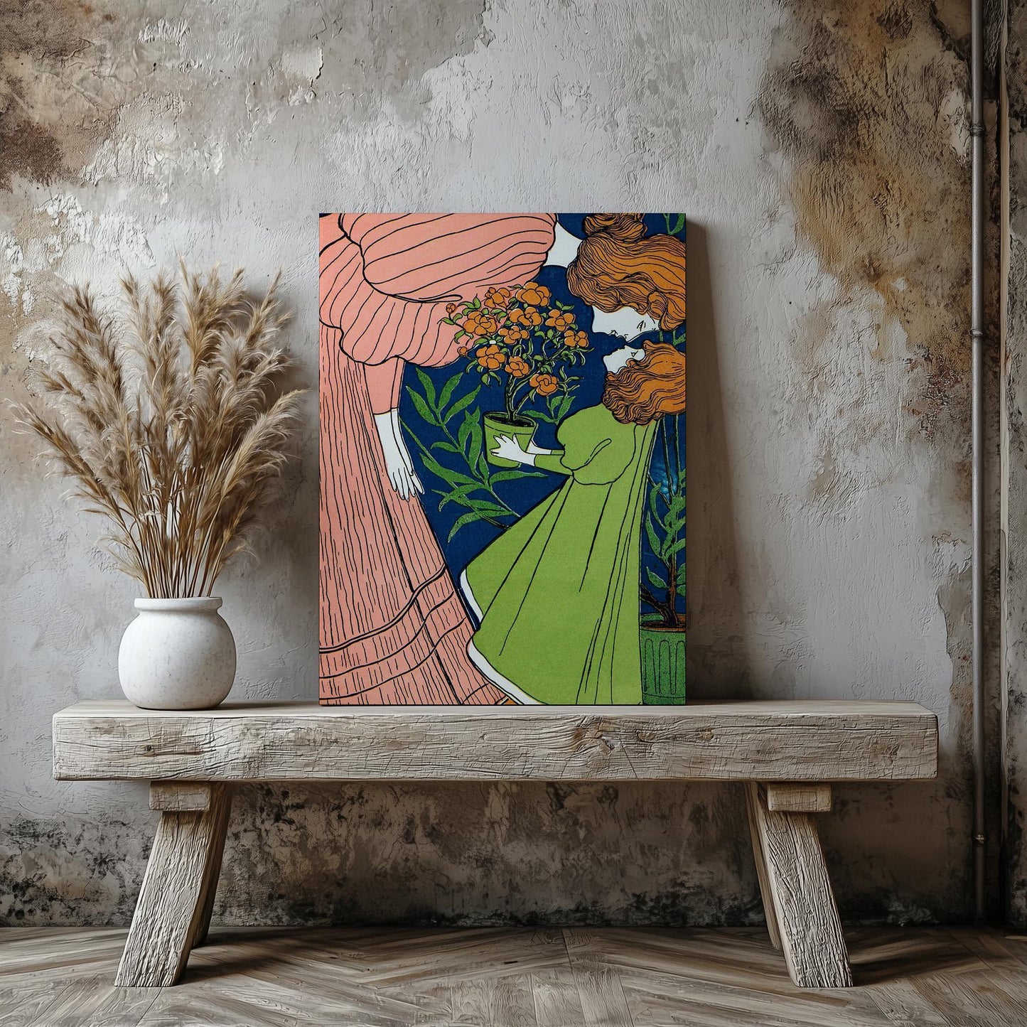 Mother Daughter Wall Art Print or Canvas – Folk Art Style Mother in Striped Green Dress with Daughter. Art Nouveau gift for mother daughter