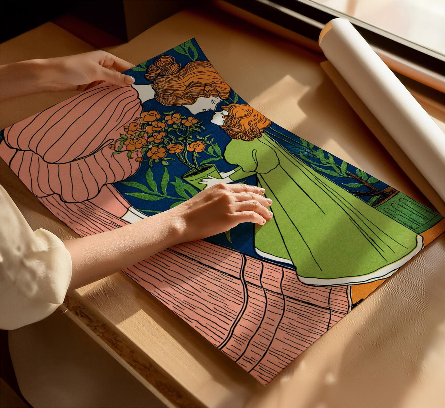 Mother Daughter Wall Art Print or Canvas – Folk Art Style Mother in Striped Green Dress with Daughter. Art Nouveau gift for mother daughter