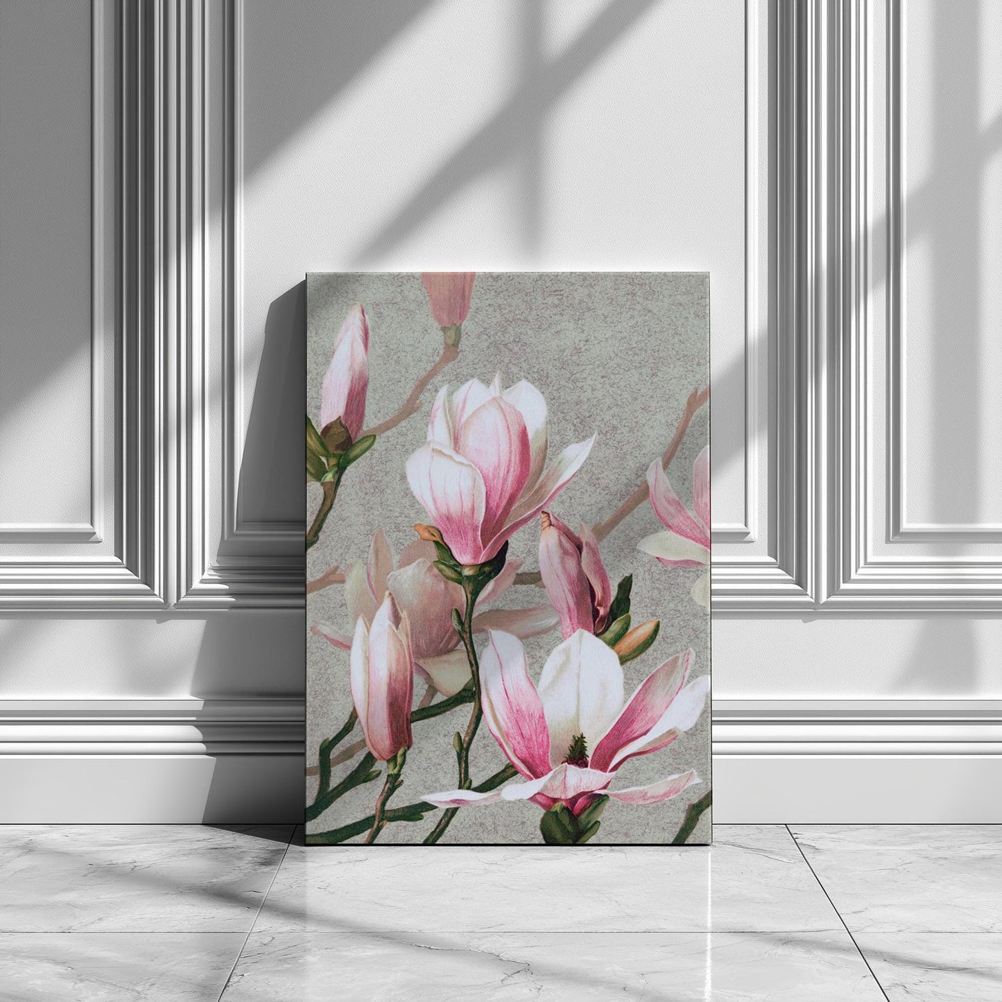 Pink Magnolias art printed poster or canvas wall art. Botanical magnolia vintage picture, pink and grey canvas artwork, floral flowers art
