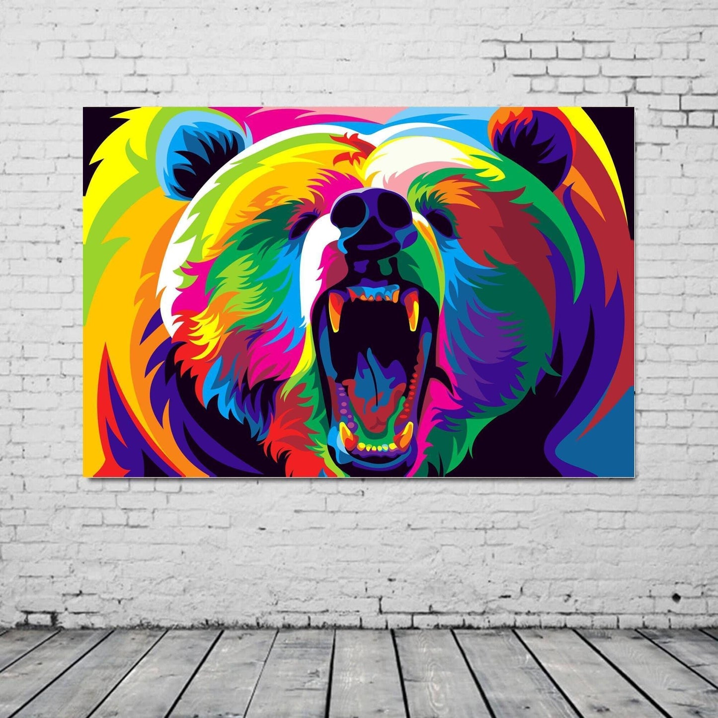 Colourful Abstract Bear Canvas Printed Wall Art Poster Print Picture. Vibrant animal artwork for modern home decor.