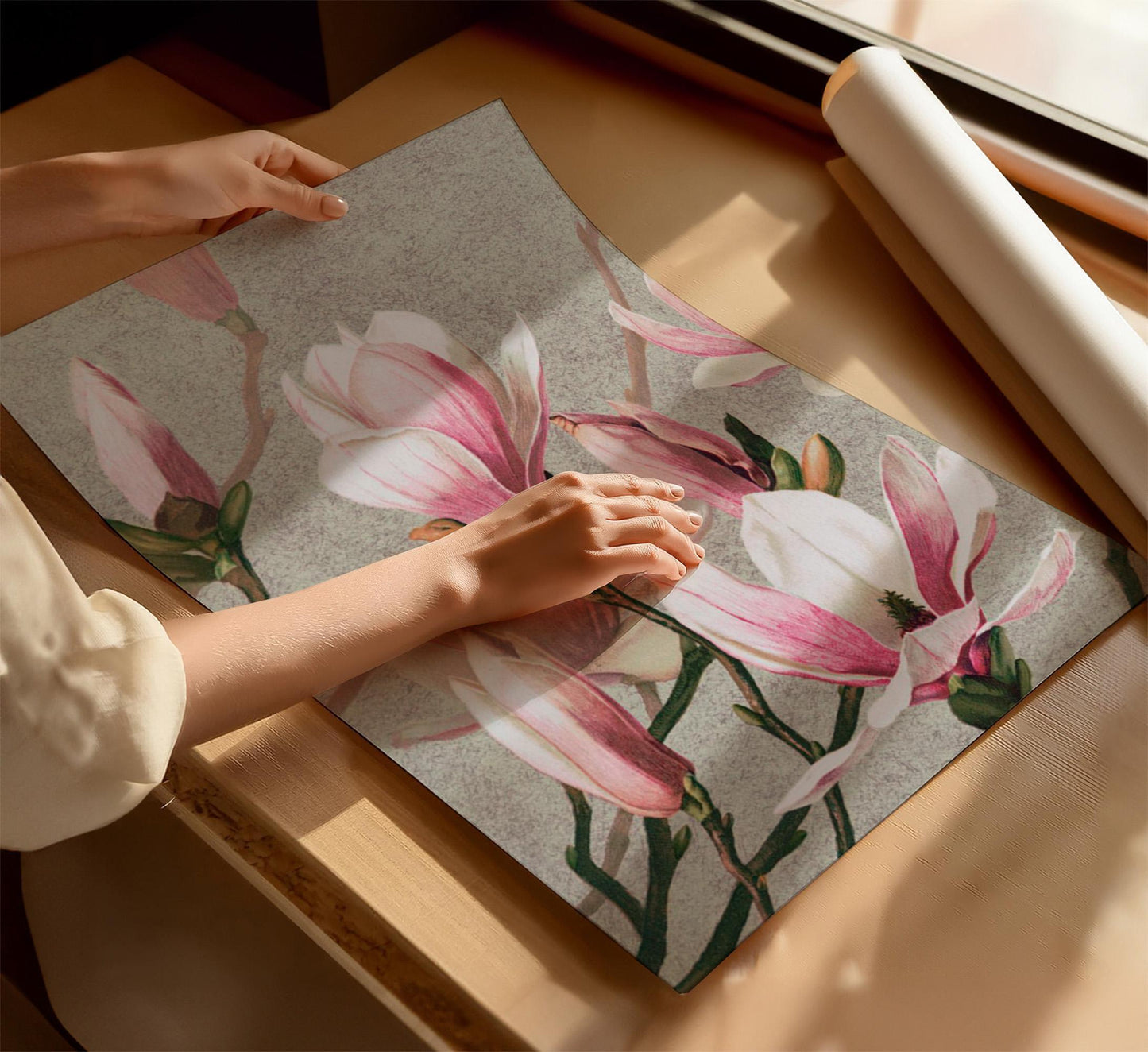 Pink Magnolias art printed poster or canvas wall art. Botanical magnolia vintage picture, pink and grey canvas artwork, floral flowers art