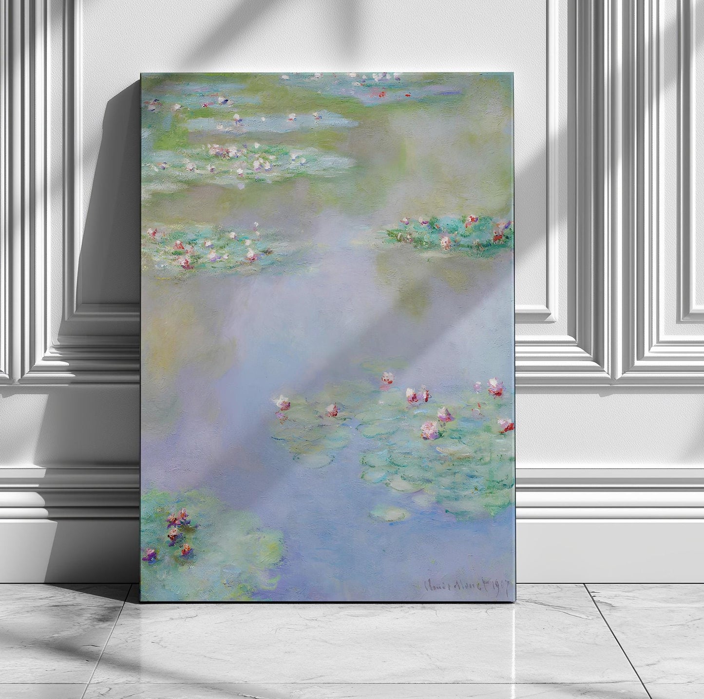 Claude Monet’s 1907 “Water Lilies” impressionist painting, available as a fine art print or gallery-wrapped canvas.