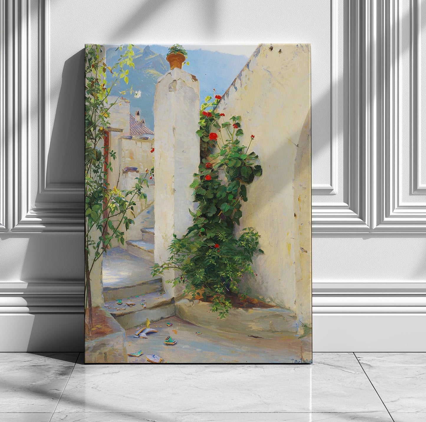 The image is a painting depicting a narrow alleyway with a white wall, a tall column, and a plant growing on the wall.