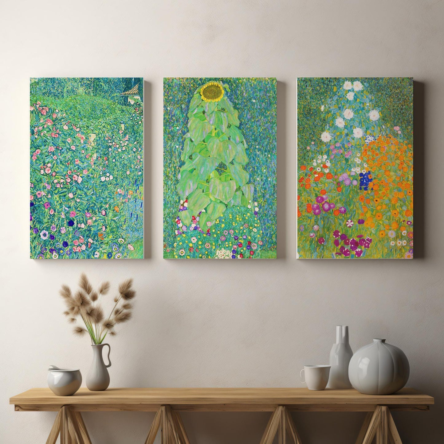 Klimt Set of 3 canvas wall art prints - Garden Collection. Set of 3 Floral Prints, Vibrant Botanical Wall Art for Living Room or Modern Home