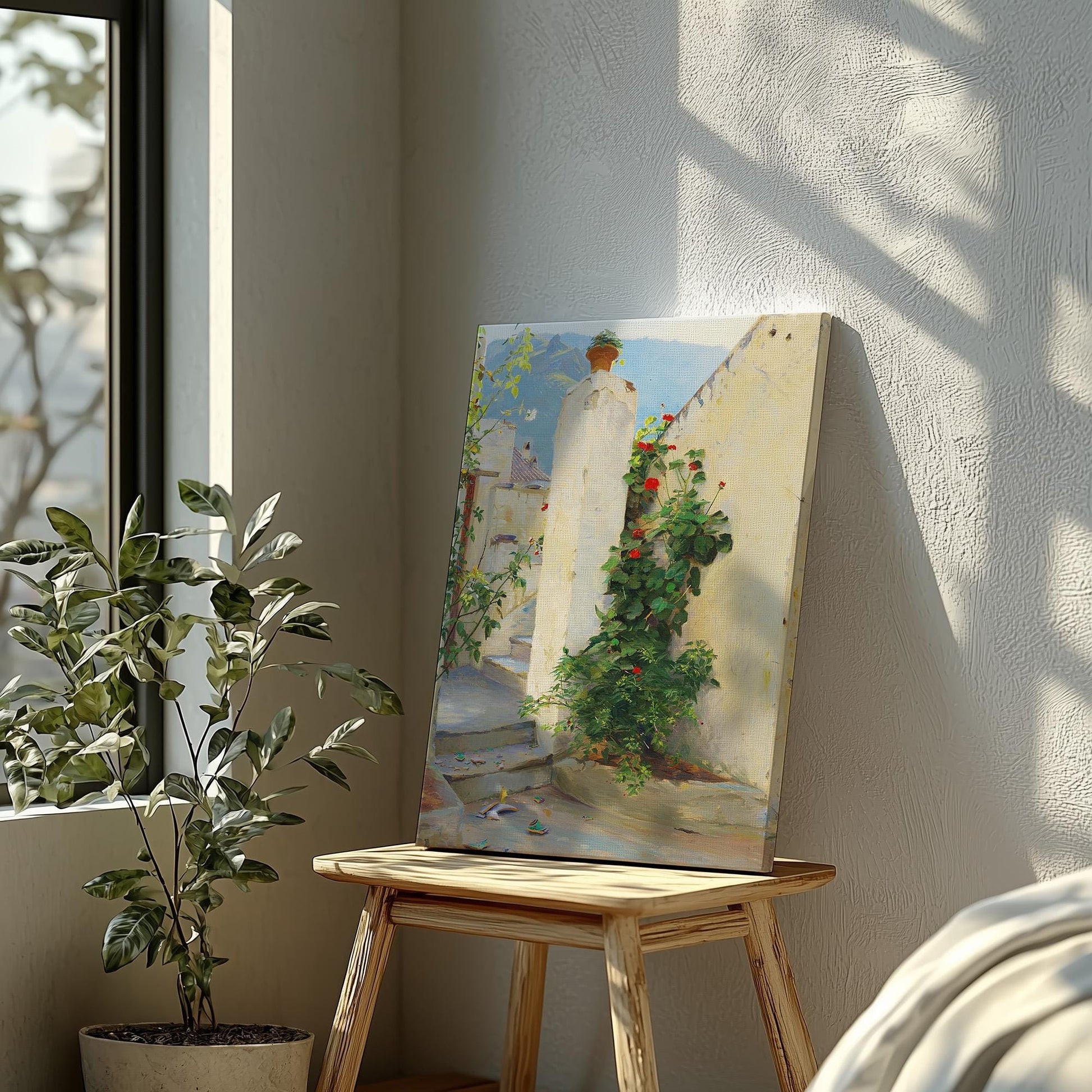 a painting of a white wall with a green plant on it, displayed on a wooden easel in a room with a window and a potted plant.