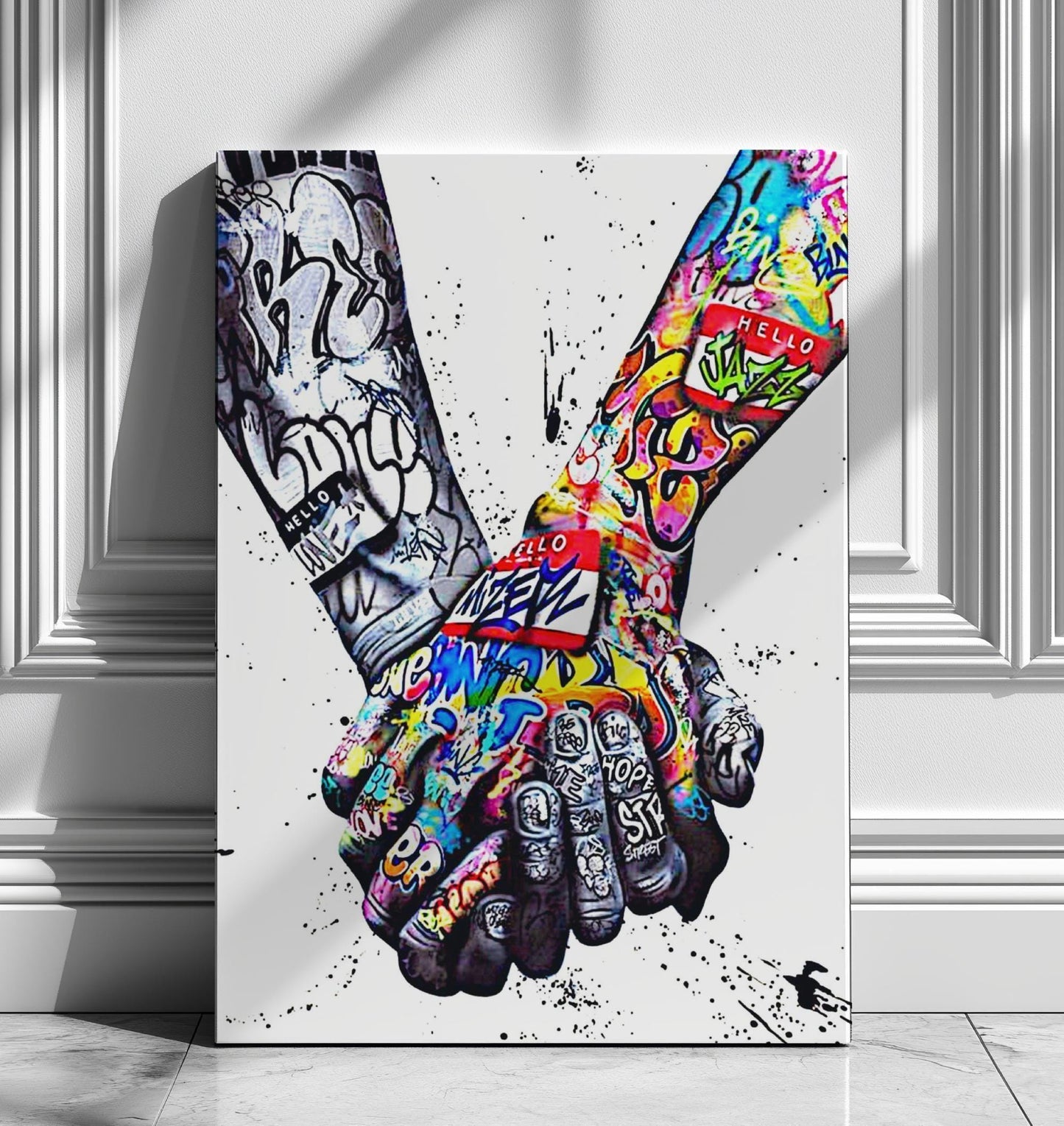 A powerful set of 2 graffiti prints symbolising world unity and connection through bold, expressive street art. One printed heart canvas features hands forming a heart shape, while the other showcases holding hands, both adorned with vibrant graffiti
