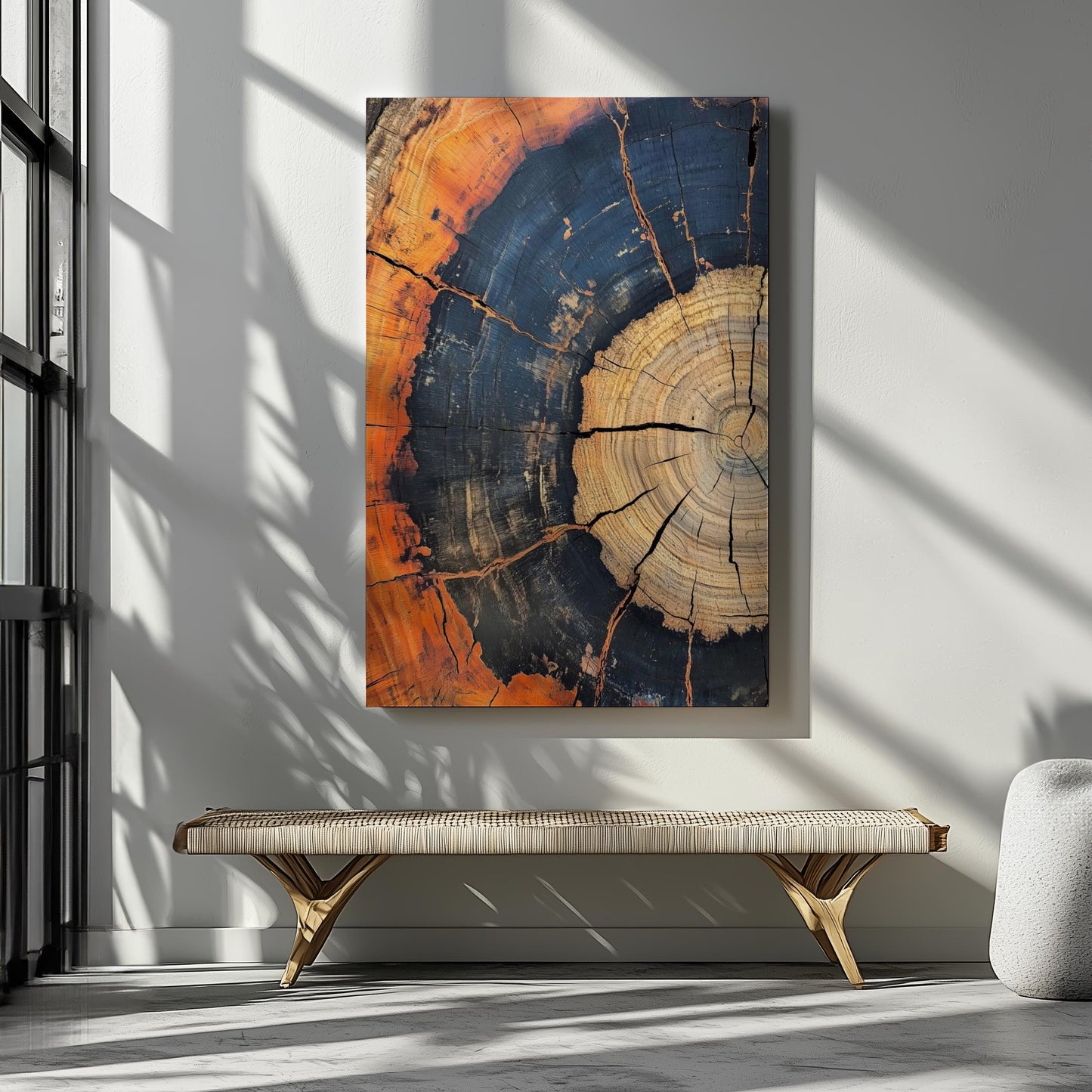 Tree ring canvas wall art with rich amber, charcoal, and natural wood tones. This abstract forest stump canvas adds warmth to neutral decor, perfect for minimalist home decoration, gallery walls, and museum-quality large prints