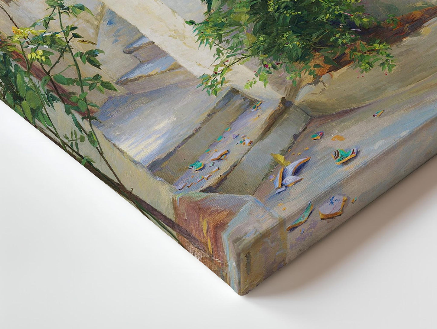 The image is a painting depicting a staircase with a tree and plants in the background.