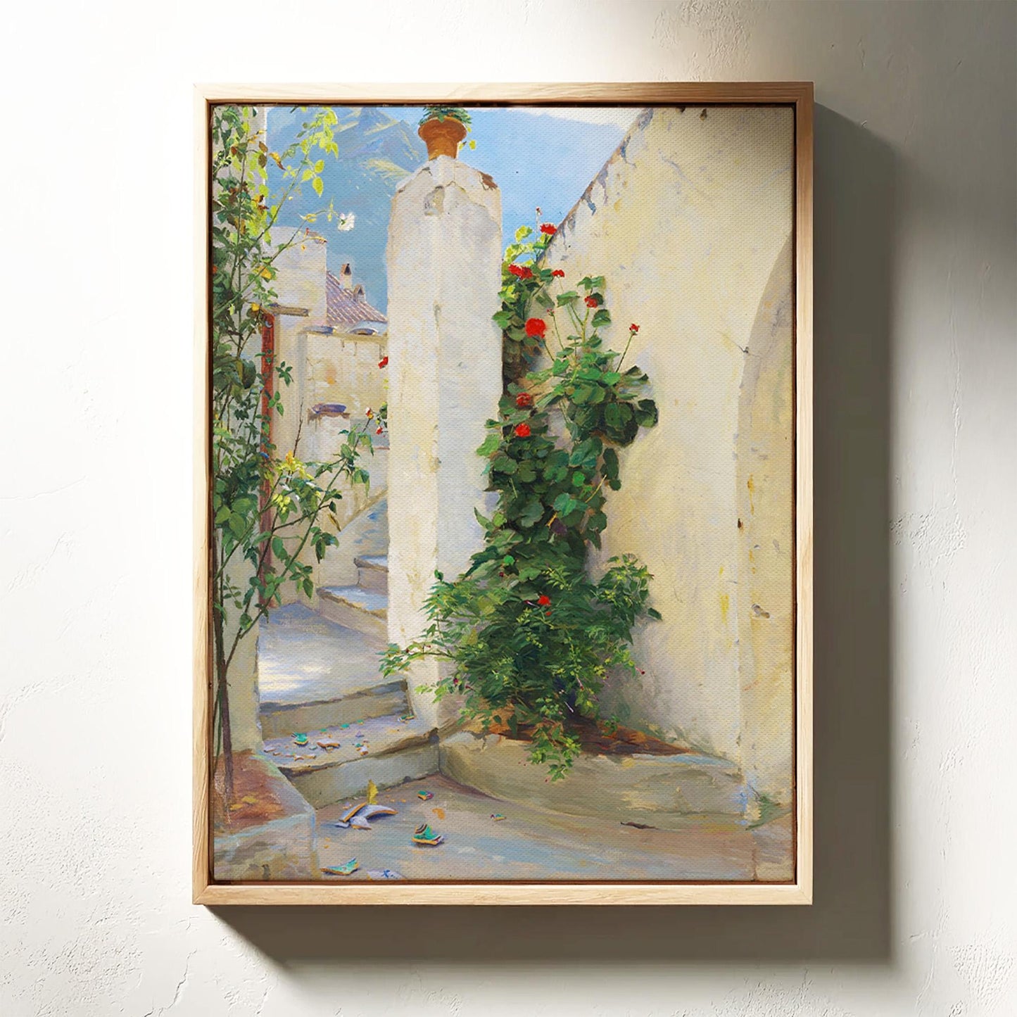 The image is a painting of a narrow alleyway with a white wall, a red flower bush, and a stone pillar.
