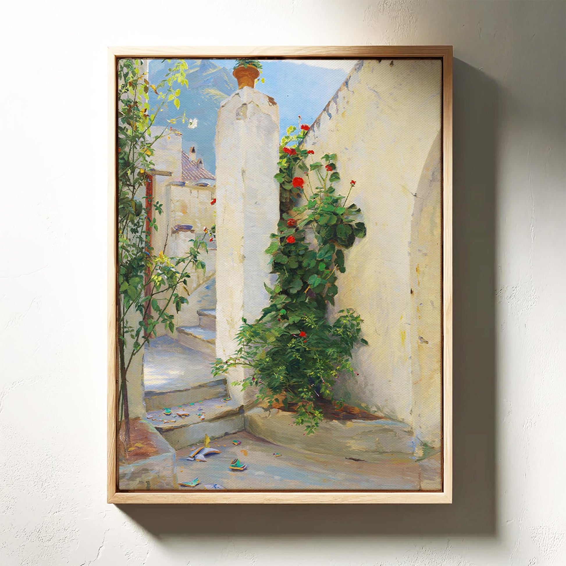 The image is a painting of a narrow alleyway with a white wall, a red flower bush, and a stone pillar.
