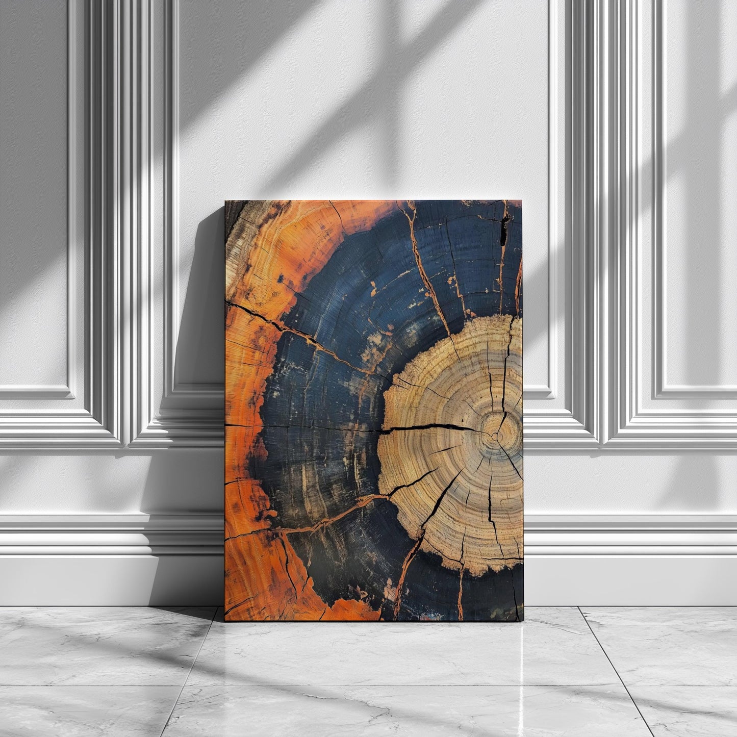 Tree ring canvas wall art with rich amber, charcoal, and natural wood tones. This abstract forest stump canvas adds warmth to neutral decor, perfect for minimalist home decoration, gallery walls, and museum-quality large prints