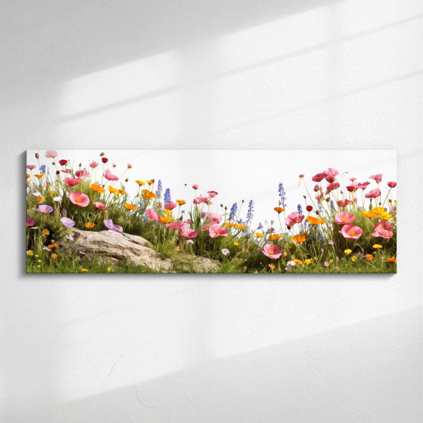 Wildflower Panorama | Panoramic canvas wall art, wide scenic field of wildflowers landscape with sunlight, nature print gift