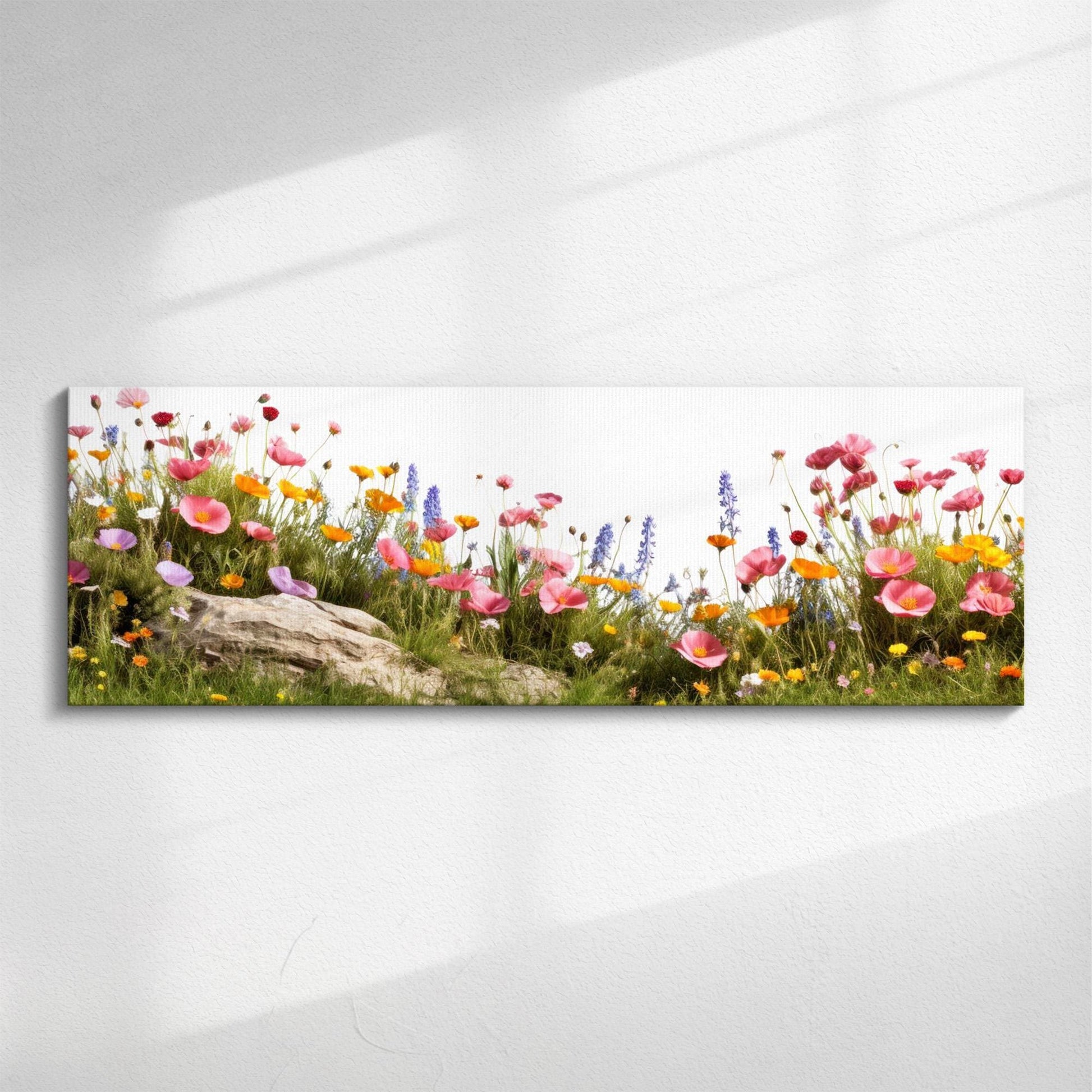 Wildflower Panorama | Panoramic canvas wall art, wide scenic field of wildflowers landscape with sunlight, nature print gift