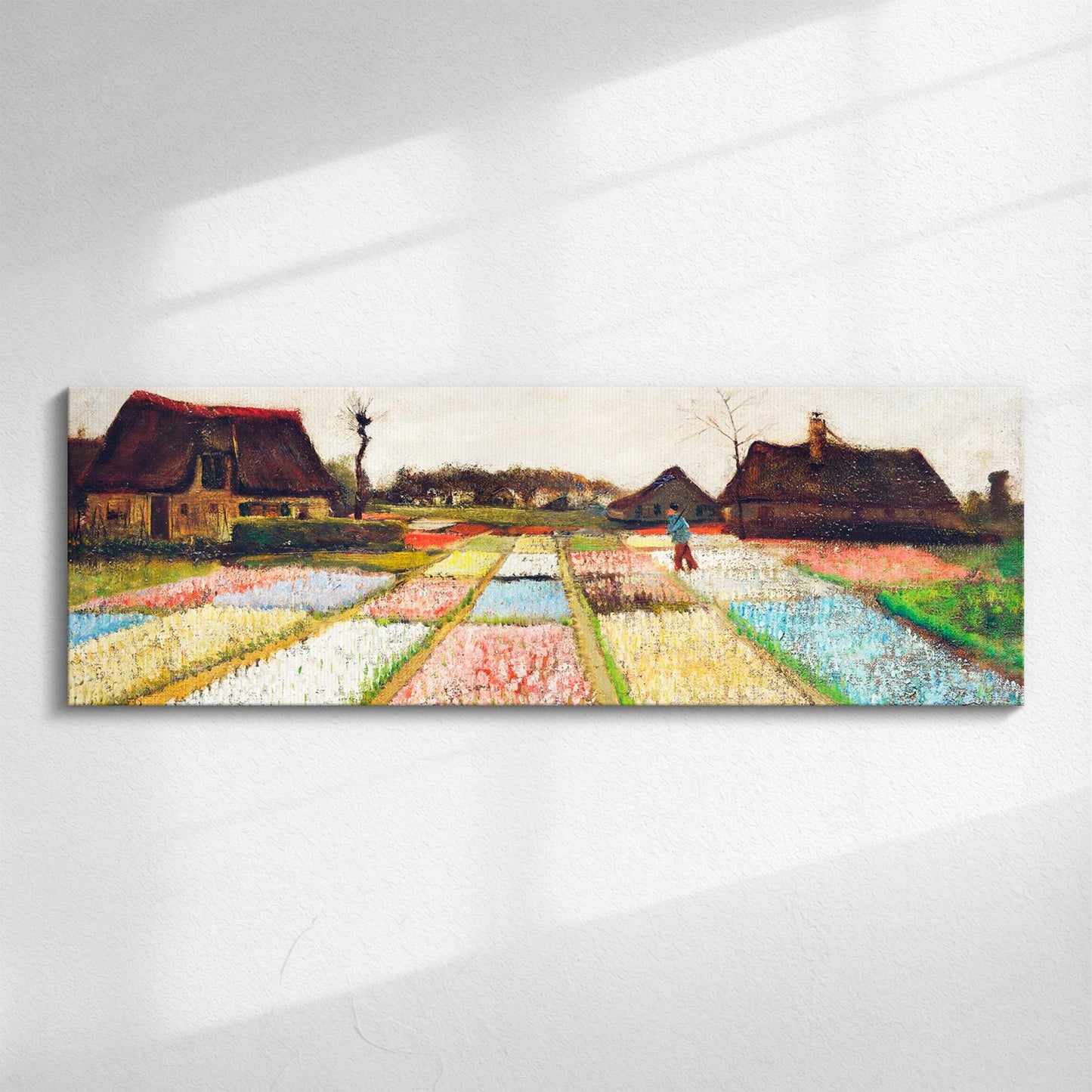 Van Gogh Flower Beds panoramic canvas, impressionist garden print in pinks and greens, for hallways or living rooms.