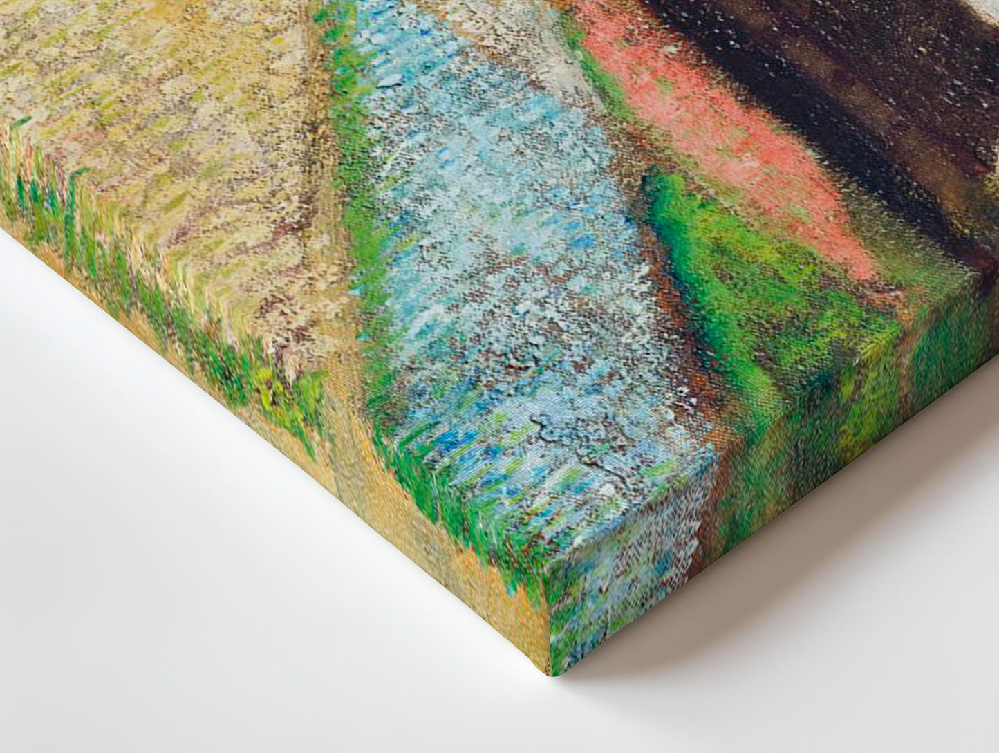 The image is a close-up of a colorful, abstract painting on a canvas, featuring a vibrant mix of green, blue, and orange hues.