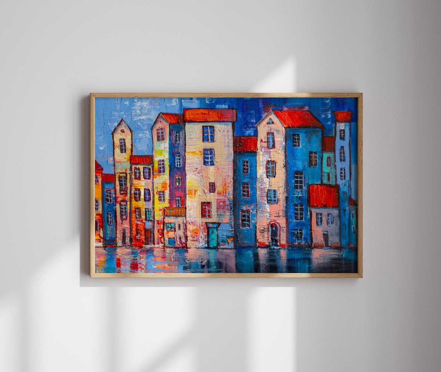 Colourful street canvas wall art or poster print. Vibrant wallart for modern home decor. Contemporary painting red, blue and yellow print.