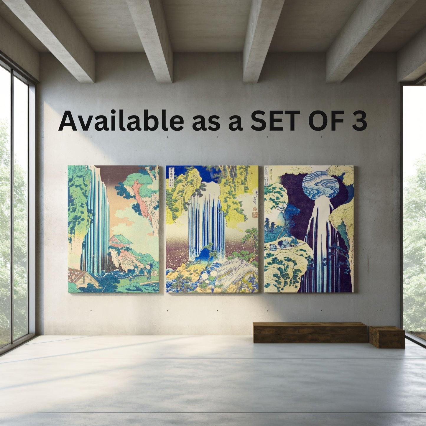 Japanese waterfalls canvases set of 3 for Japandi minimalist home decor. Famous artist painting by Hokusai for contemporary rooms. Canvas wall hangings suitable for nordic and scandi style as well as Japan oriental.