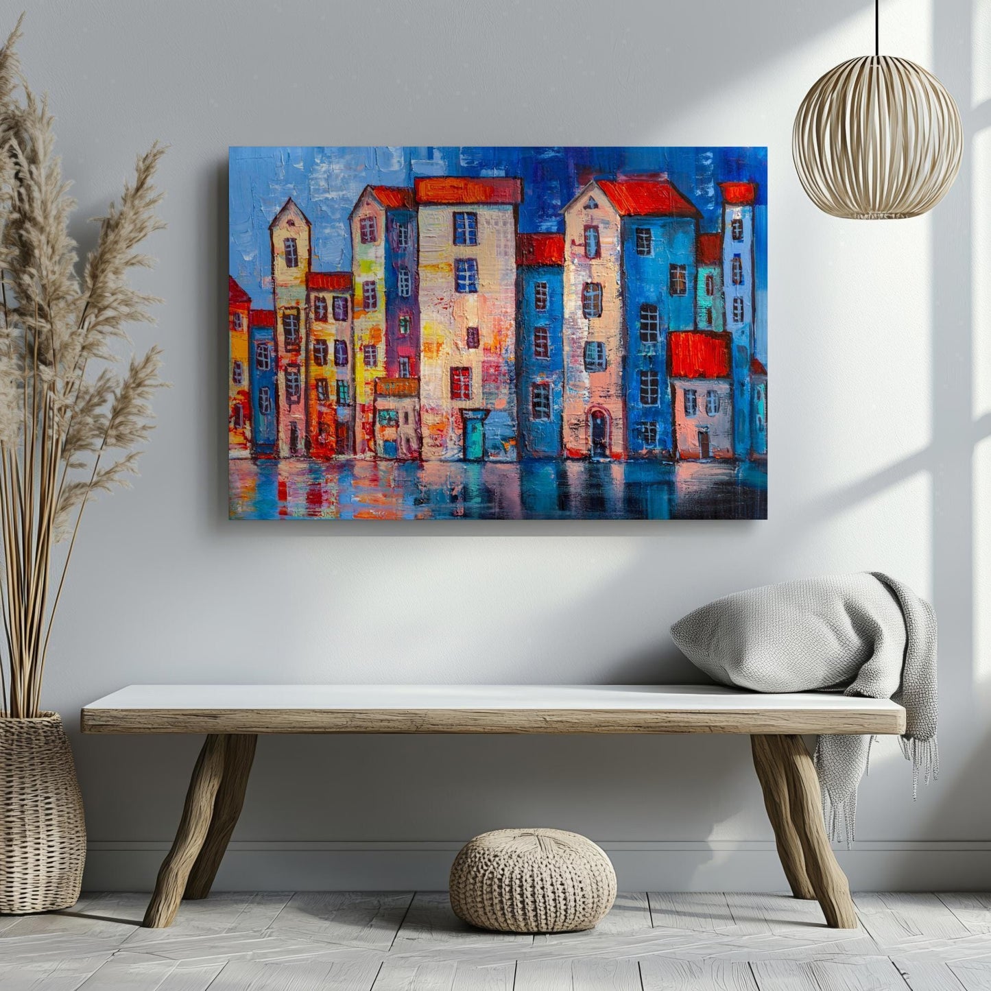 Colourful street canvas wall art or poster print. Vibrant wallart for modern home decor. Contemporary painting red, blue and yellow print.