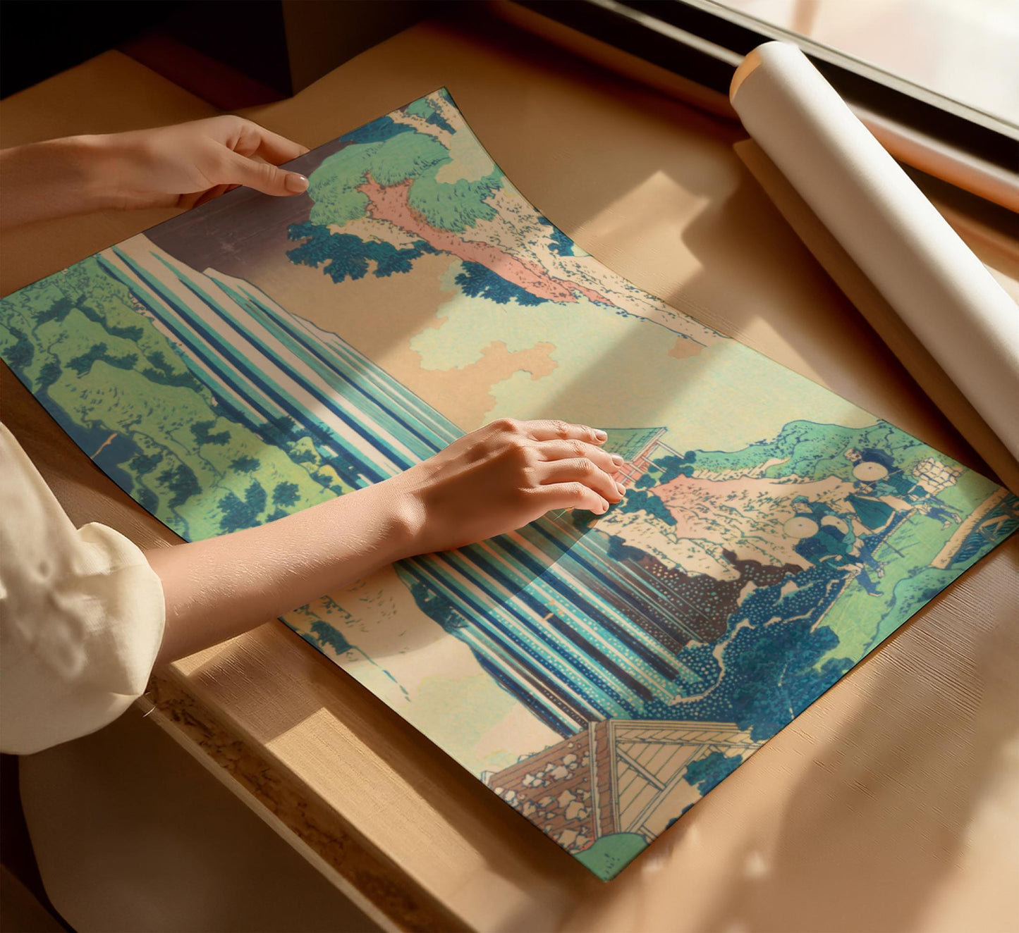 Japanese waterfalls canvases for Japandi minimalist home decor. Famous artist painting by Hokusai for contemporary rooms. Canvas wall hangings suitable for nordic and scandi style as well as Japan oriental. Poster print available