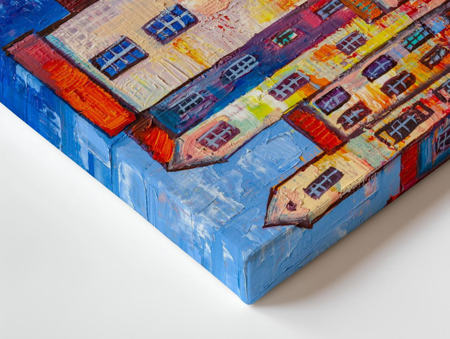 Colourful street canvas wall art or poster print. Vibrant wallart for modern home decor. Contemporary painting red, blue and yellow print.