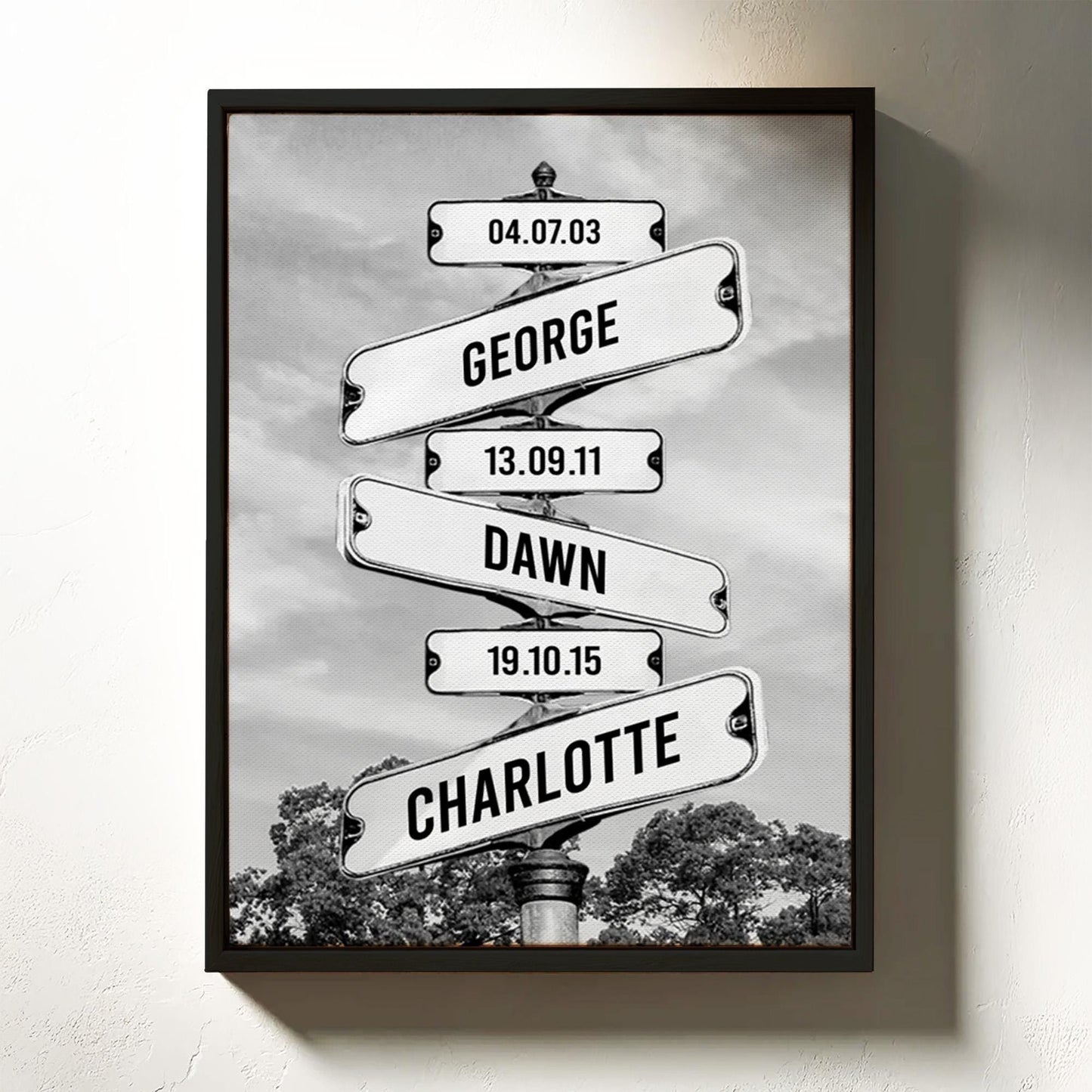 Framed custom street sign with personalised names and dates. Canvas float frame in choice of colours. Mum/Grandma birthday gift